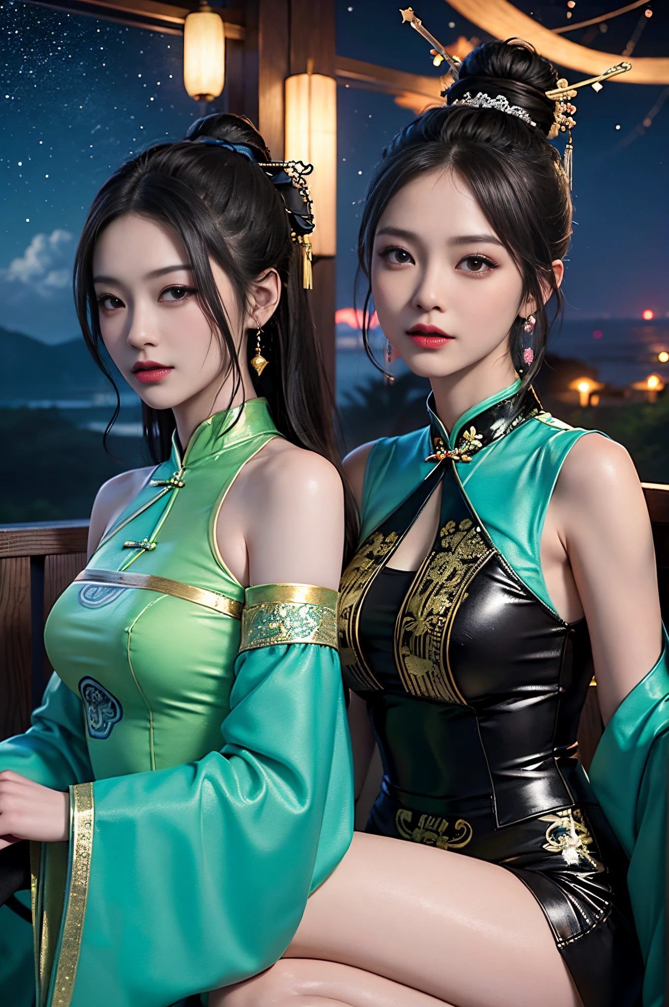 high-level image quality、Like a shot with an SLR、Sensual body,thighs、slit、Painting a work of art depicting two women in a tanslucent traditional cheongsam sitting together,duo,((sisterhood)),closeup portrait:1.4,detailed face,front view,rendering by octane, hdr,topknots,hairbuns,leering:1.3,Chinese hair ornament:1.4,Chinese hairpins:1.4,Chinese hairsticks:1.4,Clouds, Water, Fireflies, night, starry sky, jewelry,light particles, (fantasy: 1.2), stars, fantasy,