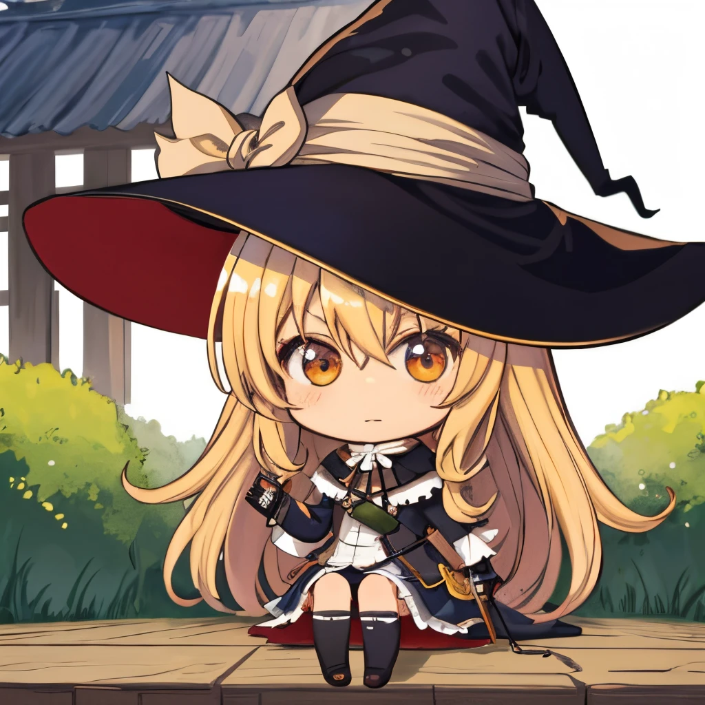 ​masterpiece、top-quality、1girl in、Marisa slowly、length hair、Golden hair、Chibi、laught、the witch