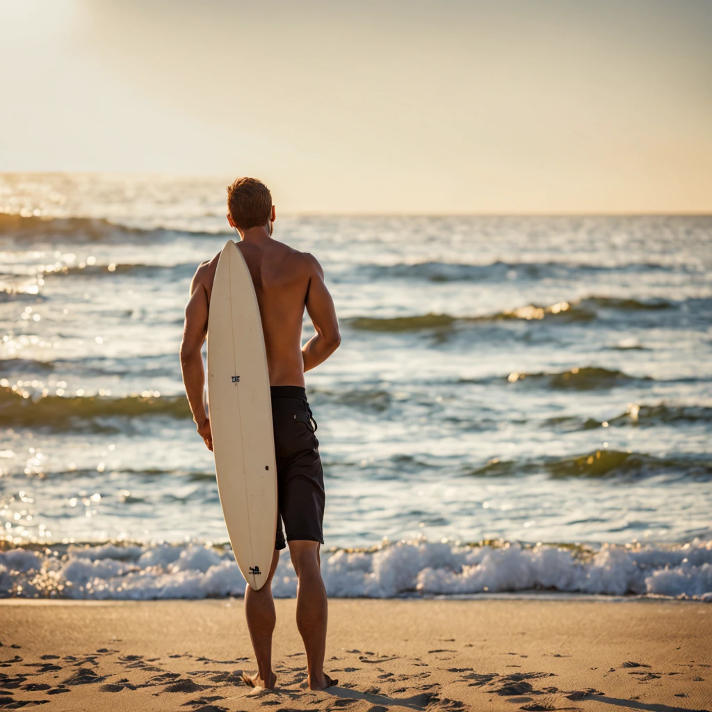 On the beach,strong man,Holding a surfboard,Towards the sea,on back,Hyperrealistic 5d4 poster