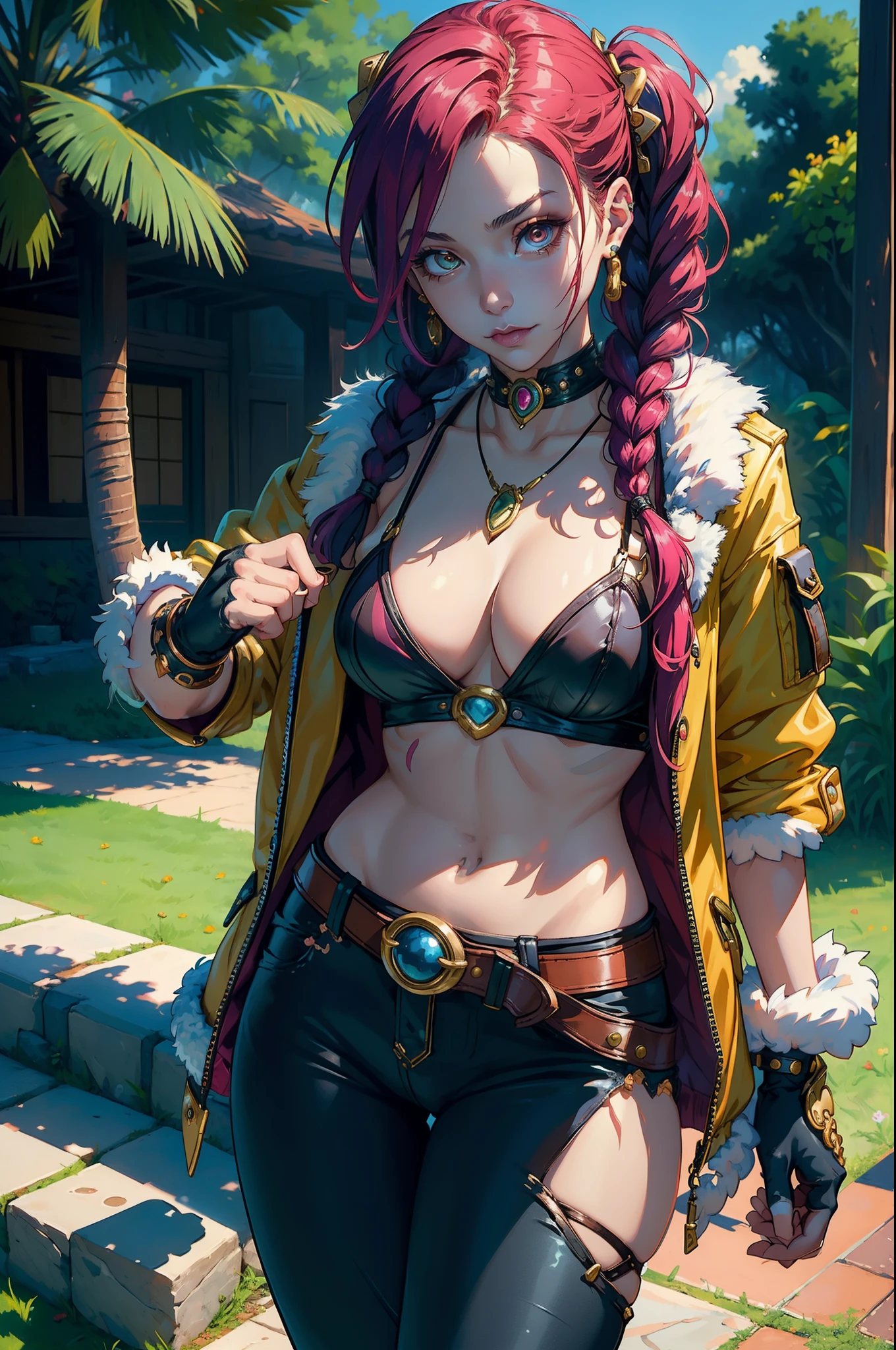 (masterpiece, best quality:1.2), intricate details,  jinx \(league of legends\), 1girl, twin braids, single elbow glove, short shorts, bikini top only, necklace, belt, bullet, fingerless gloves, upper body, potrait, outdoors, fur trim, jacket, tight pants