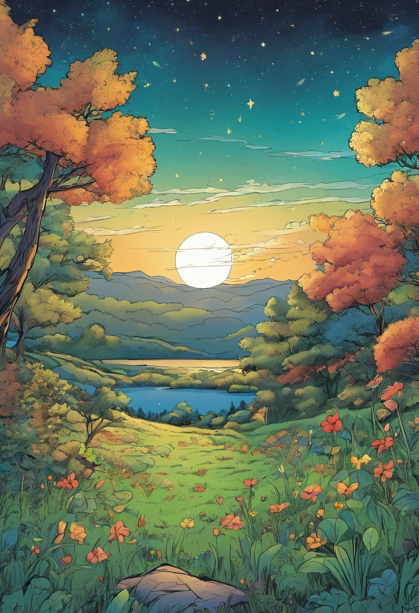 On the grass at night，The starry sky twinkles，