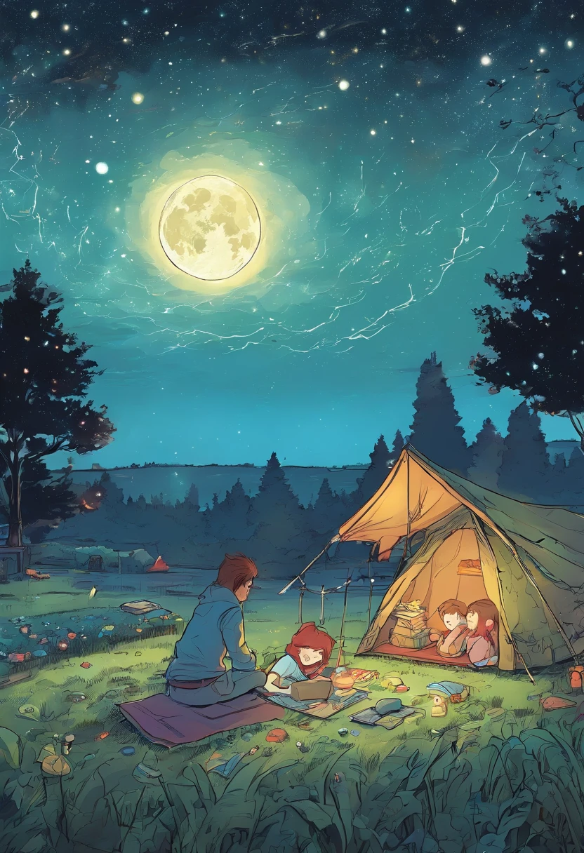 On the grass at night,The starry sky twinkles,
