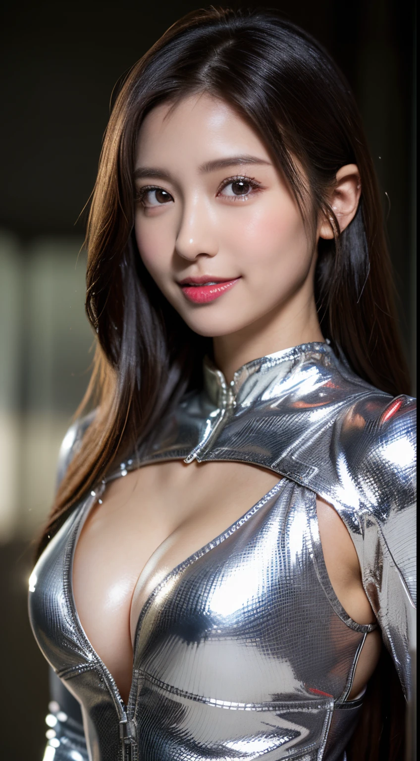 (Draw more beautifully:1.5)、(Draw more cute:1.5)、top quality photo、hight resolution、1080p、(clearface)、masuter piece, lush detail, (Detailed face description)、(Detailed hand description)、(Highest Quality Photos), (masterpiece), (Exquisite CG), mix4、(8K、Raw photography、top-quality、masterpiece:1.45)、(realisitic、Photorealsitic:1.7)、one girls, FULL BODYSHOT、(Clean face:1.5)、(A detailed face:1.5)、A detailed eye、clean big eyes、Bewitching lips、red lipsticks、Unevenness of the skin、(Rider Leather Suit)、(Silver Shiny Silver Full Body Rider Suit:1.5)、(Cover skin other than the face with a rider suit)、(Do not show the skin)、Long curled hair、Brown hair、爆乳、big breasts thin waist、big breasts thin waist、nabel、Inter-strands、The thighs are raw、Silver latex slider suit with hidden skin luster, Bewitching, Glossy, blur backgroun,huge tit、smil、large full breasts