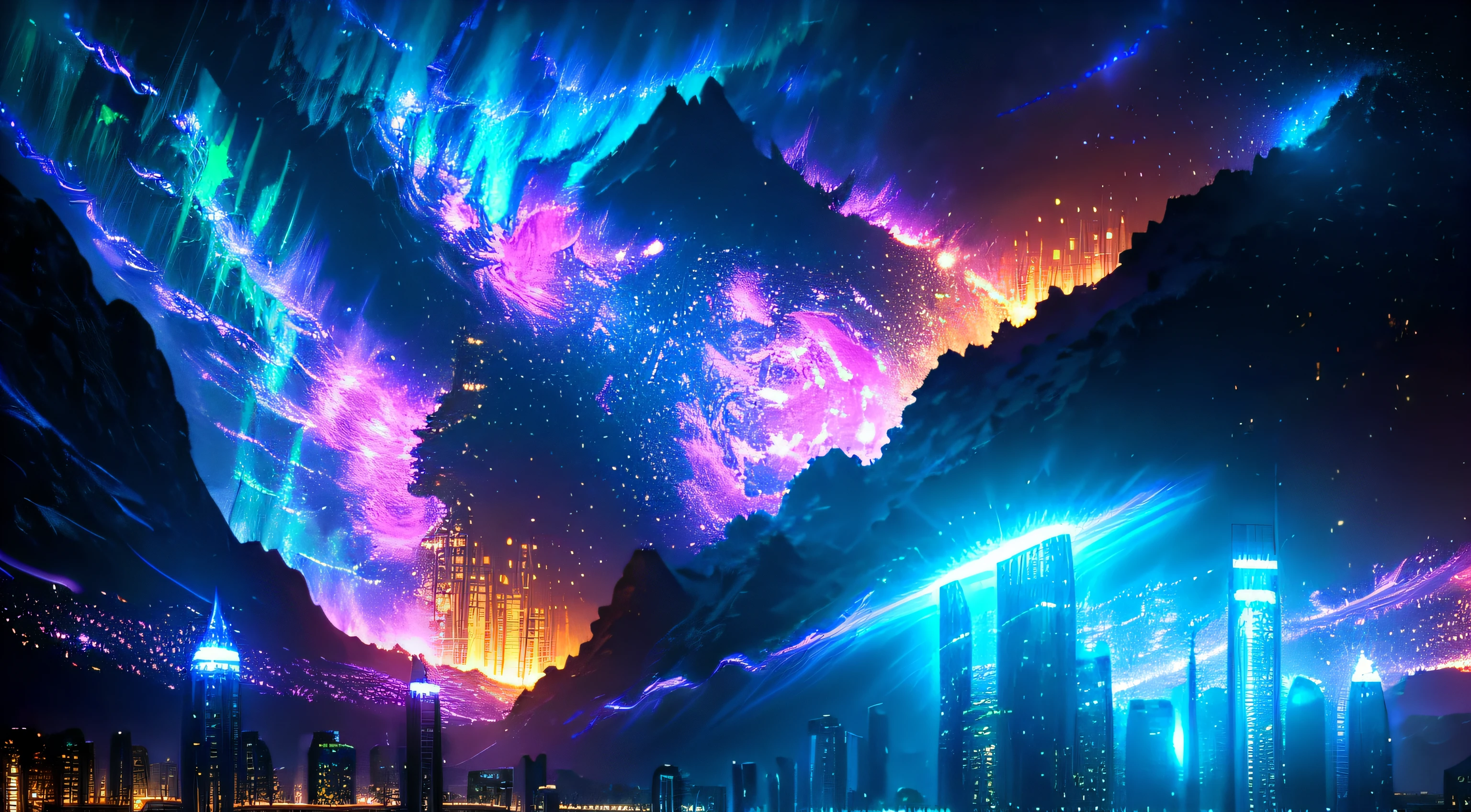 (deep in the night, deep in the night, deep in the night) I see a beautiful, detailed 8k artwork with a sugary pink crystal city, sparkling gold, and a fairytale landscape against a magical night sky.8k,((huge full city)),(space city),(nothern lights,detailed),((high quality))