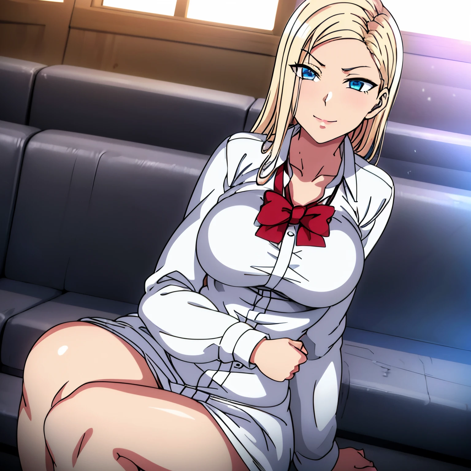 place：(day:1.7),
action：sitting at attention,sitting on couch,
trappings： white_collared_shirt,skirt,collarbone,red_bowtie,
The character：the hair：blonde_hair, blue_eyes,long_hair,parted_bangs,
Role locking：
1 girl,Solo, Manga,20yo,mature female,Beautiful Finger,Beautiful long legs,Beautiful body,Beautiful Nose,Beautiful character design, perfect eyes, perfect face,
Eye expressions：
looking at viewer,naughty face, smile,
Quality:
official art,extremely detailed CG unity 8k wallpaper, perfect lighting,Colorful, Bright_Front_face_Lighting,
(masterpiece:1.0),(best_quality:1.0), ultra high res,4K,ultra-detailed,
photography, 8K, HDR, highres, absurdres:1.2, Kodak portra 400, film grain, blurry background, bokeh:1.2, lens flare, (vibrant_color:1.2)
big breasts body:
(Beautiful,large_Breasts:1.4), (beautiful_face:1.5),(narrow_waist),
Negative prompt: EasyNegative, lowres, bad anatomy, bad hands, text, error, missing fingers, extra digit, fewer digits, cropped, jpeg artifacts, signature, watermark, username, blurry, out of focus, censorship, Missing vagina, Blurry faces, Blank faces, bad face, Ugly, extra ear, amputee, missing hands, missing arms, missing legs, Extra fingers, 6 fingers, Extra feet, Missing nipples, ghost, futanari, Extra legs, Extra hands, panties,pants, (painting by bad-artist-anime:0.9), (painting by bad-artist:0.9), text, error, blurry, jpeg artifacts, cropped, normal quality, artist name, (worst quality, low quality:1.4),
Steps: 27, Sampler: Euler a, CFG scale: 7, Seed: 834388144, Size: 512x768, Model hash: 3e9211917c, Model: yesmix_v16Original, Denoising strength: 0.5, Hires upscale: 2, Hires steps: 18, Hires upscaler: R-ESRGAN 4x+ Anime6B
Negative prompt: EasyNegative, bad_prompt, bad-artist-anime, bad-hands-5, lowres, bad anatomy, bad hands, text, error, missing fingers, extra digit, fewer digits, cropped, jpeg artifacts, signature, watermark, username, blurry, out of focus, censorship, Missing vagina, Blurry faces, Blank faces, bad