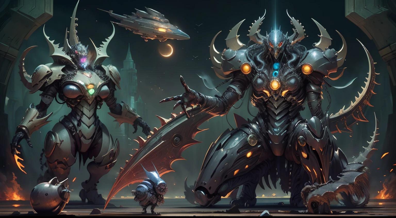 starcraft queen of blades ,alien queen、Black Mountains,themoon,rays of moonlight,Swarms,armored car,Grandiose spectacle,karo,smoke of gunpowder