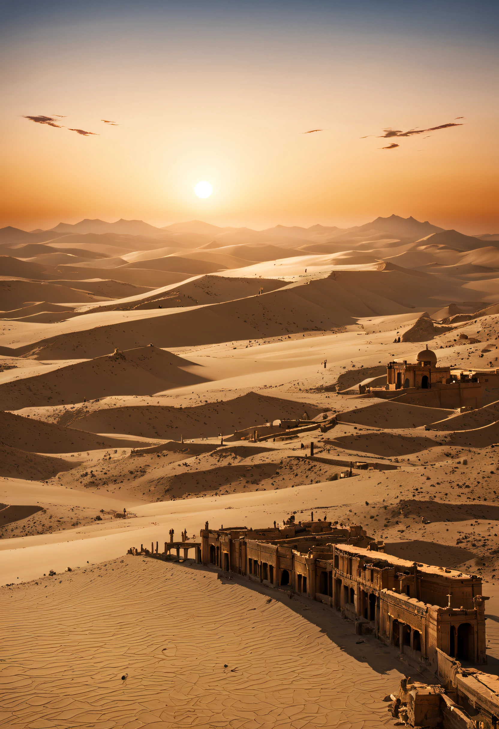 Desert landscape, There are crescent-shaped lakes in the desert,Surrounded by ancient buildings and sparse vegetation,in distance, There is a camel caravan traveling far under the sunset