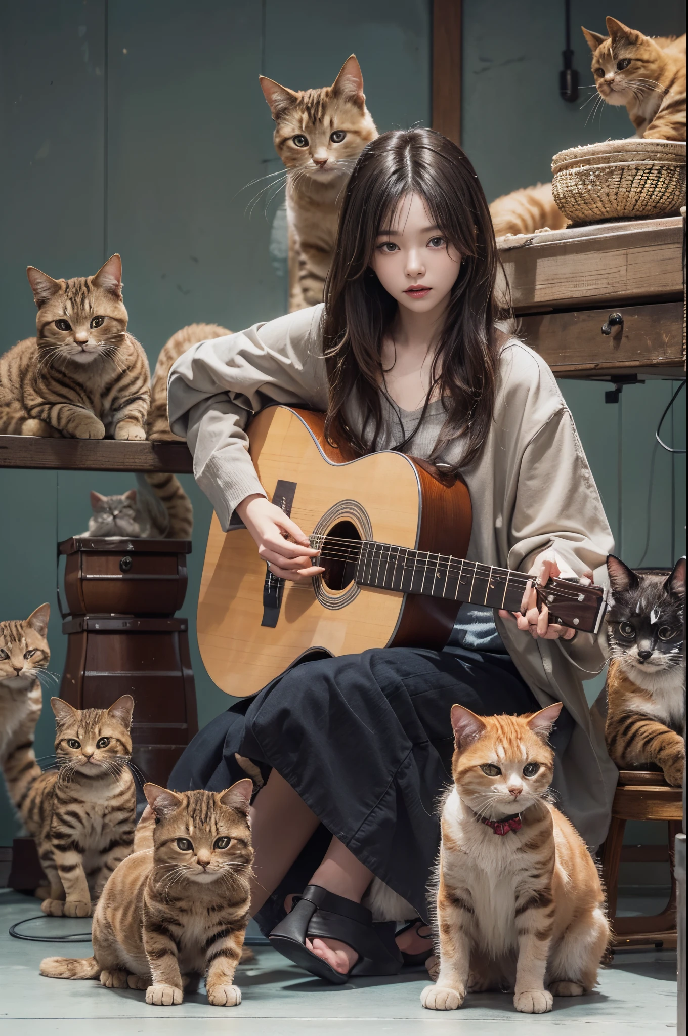 woman sitting and playing guitar、brunette disheveled hair、precision 6 string acoustic guitar:1.2、Anatomically correct fingers、acoustic guitar、1 guitar only、Please look straight ahead and sing、(Please turn your face forward:1.2)、(many cats around:1.1)