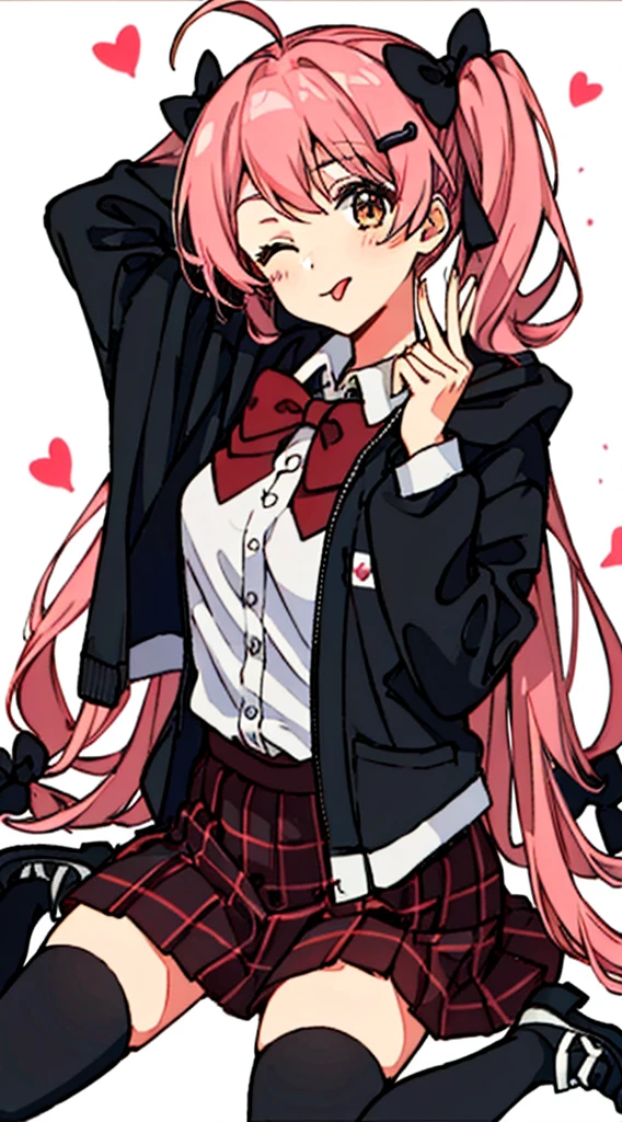 Hori Kyouko, 1girl, ;p, ahoge, bobby pin, bow, bowtie, braid, brown eyes, collared shirt, dojikko pose, frilled shirt, frilled shirt collar, frilled skirt, frills, hair bow, hair ornament, hairpin, hand on own head, heart, heart hair ornament, hood, hooded jacket, jacket, long hair, one eye closed, pentagram, pink hair, plaid, plaid bow, plaid skirt, pleated skirt, shirt, shoelaces, shoes, simple background, sitting, skirt, star (symbol), thighhighs, tongue, tongue out, twin braids, wariza, white background, white thighhighs, perfect anatomy, erotic, (top-quality、8k、32k、masterpiece、A high resolution、UHD:1.2)