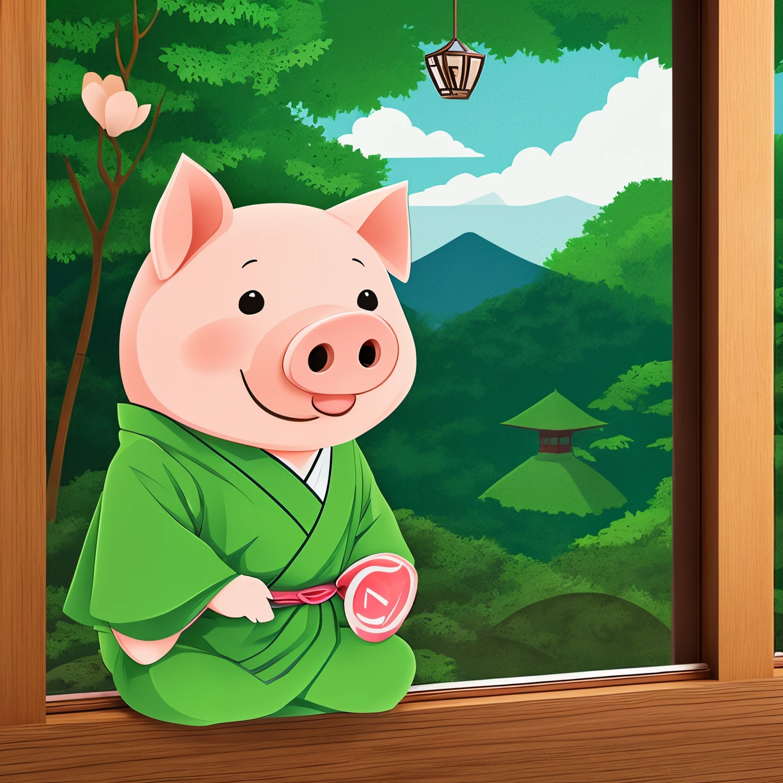 A cute cartoon-style anthropomorphic pig, sitting in a green kimono, (spoken buhi:1.5), Japanese-style room window