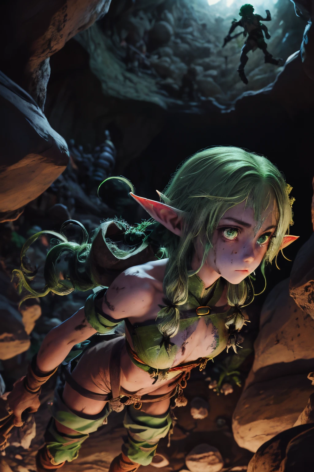 1girl, elf, green wavy hair, from above, medium breasts, suspended by arms, head down, POV, from the side, (dirty, bruise:1.2),  cave floor, multiple boys, goblins, tiedup, rope,