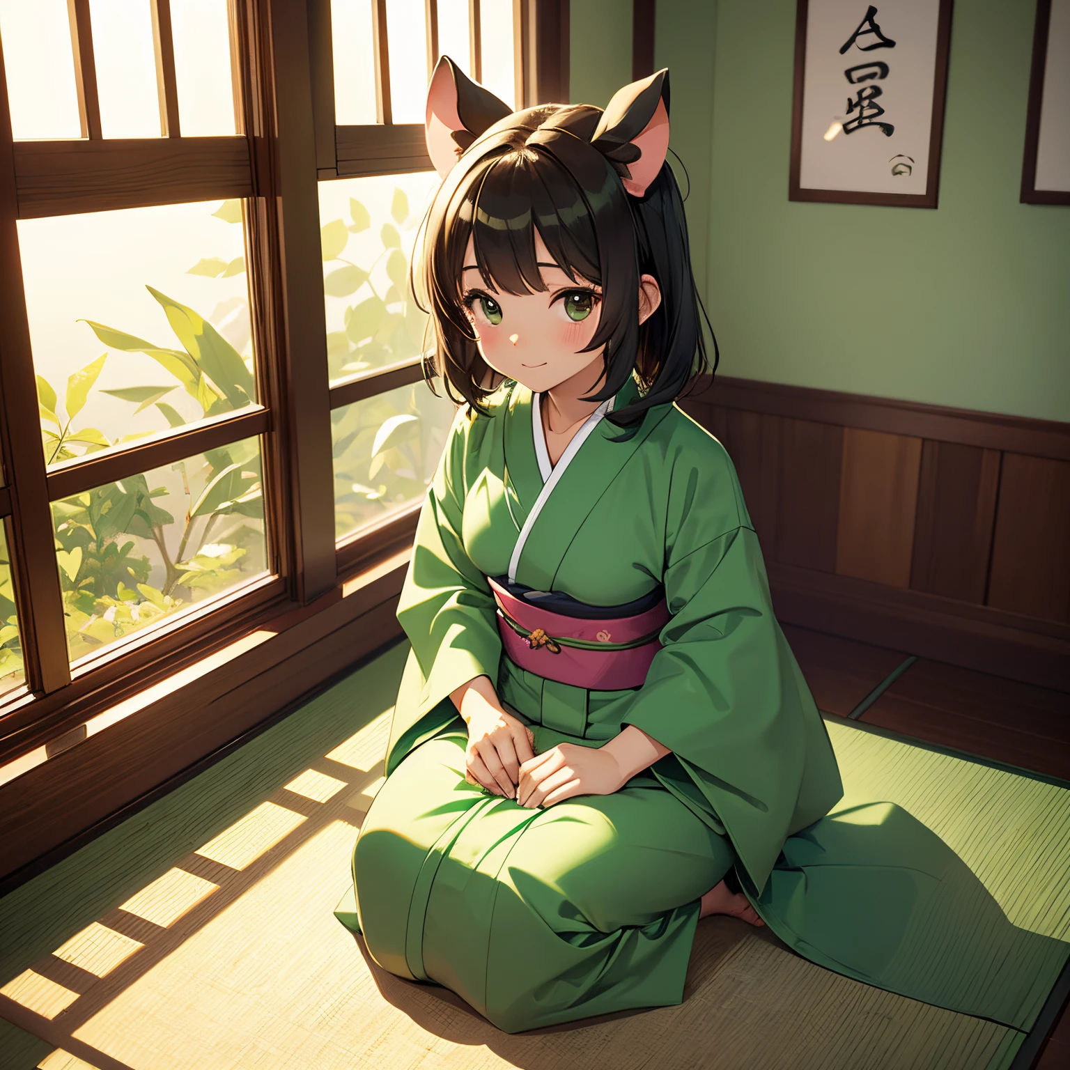 A cute cartoon-style anthropomorphic pig, sitting in a green kimono, (spoken buhi:1.5), Japanese-style room window