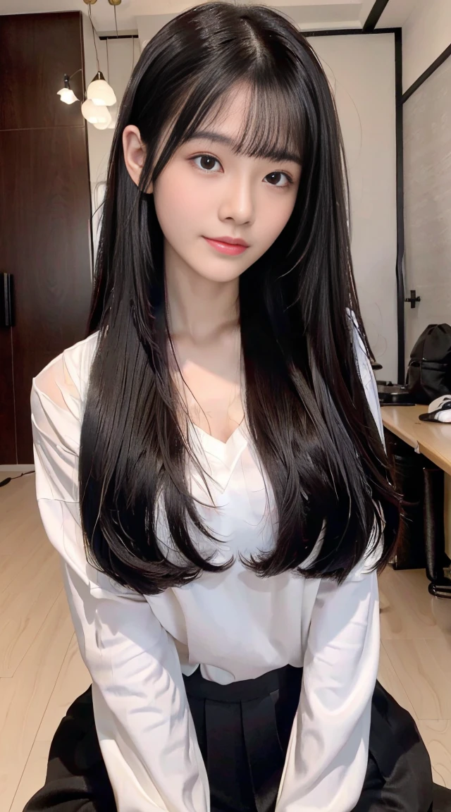 22 years Old young South Korean woman, Naked, beauty face, Cute face, thin, long sleek Straight hair style, lipstick, holding a dress