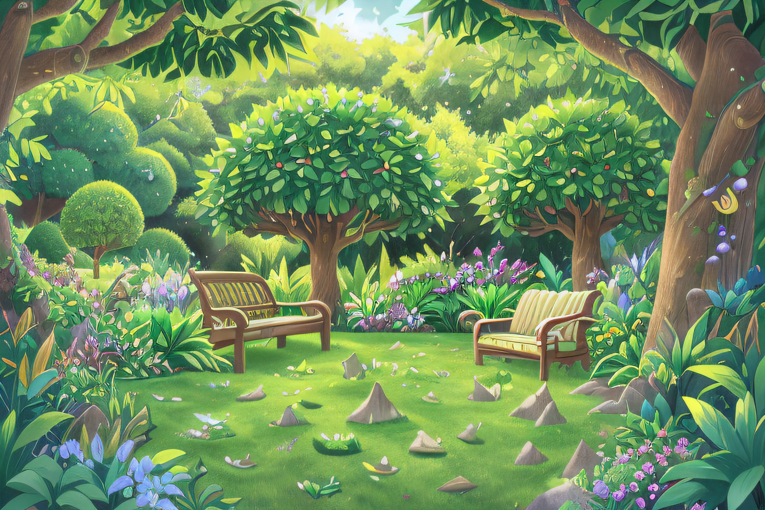 (best quality,4k,8k,highres,masterpiece:1.2),ultra-detailed,(realistic,photorealistic,photo-realistic:1.37),vibrant colors,beautifully lit garden,lush greenery,fragrant flowers,birds chirping peacefully,sunlight filtering through leaves,stone pathway,decorative trellises with climbing plants,flowerbeds bursting with colorful blooms,peaceful and tranquil ambiance,serene atmosphere,perfectly manicured hedges,majestic trees providing shade, benches for relaxation,unblemished blue sky,delicate petals gently swaying in the breeze,magical and enchanting garden scenery,nature in full bloom