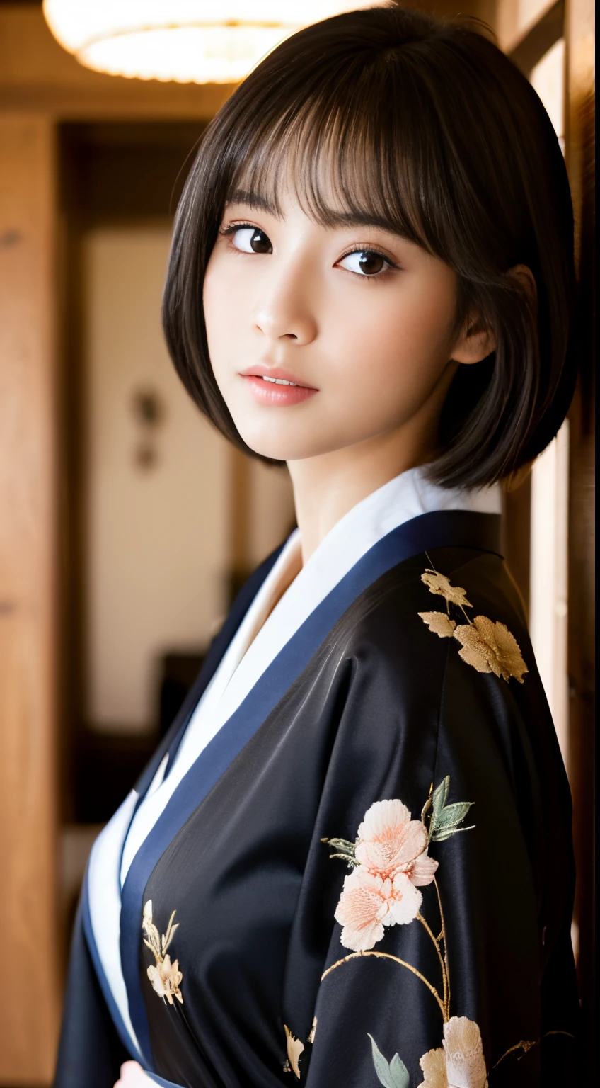Best-quality, Masterpiece, Ultra-High-Resolution, (Photorealistic:1.4), Raw-Photo, Extremely-Details, Perfect-Anatomy, 1girl, 18-years-old, the most famous Japanese actress, cowboy-shot, upturned hip, looking at viewer, in Japanese-style room, wearing luxurious KIMONO, detailed extremely cute face like a most popular Japanese actress, detailed extremely beautiful big black solid circle eyes, detailed extremely beautiful black short-cut-haired, detailed luxurious KIMONO, detailed Japanese-style room, detailed extremely beautiful realistic skins