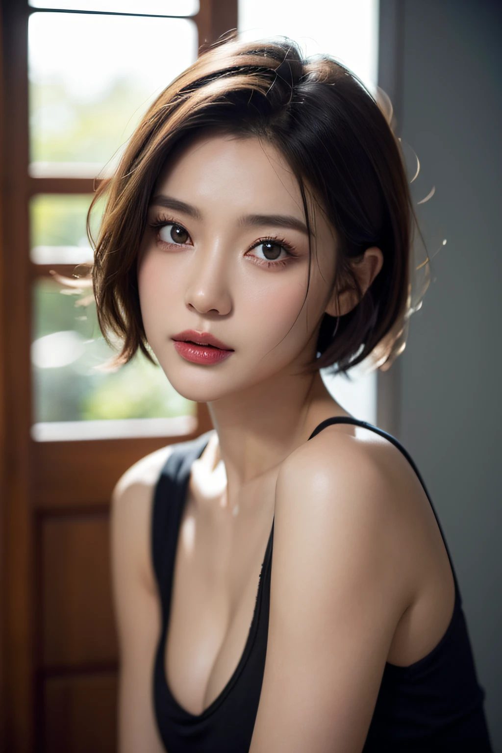 Skin Tight Black Top:1.2, Looking at Viewer, Cinematic lighting, Perfect, softlight, High resolution skin:1.2, Realistic skin texture,30 years old mature woman、 Realistic face, off shoulders, Exposed cleavage,natural make up、 Detailed red eyes、 Short hair, dark brown hair、a small face、Bust B Cup