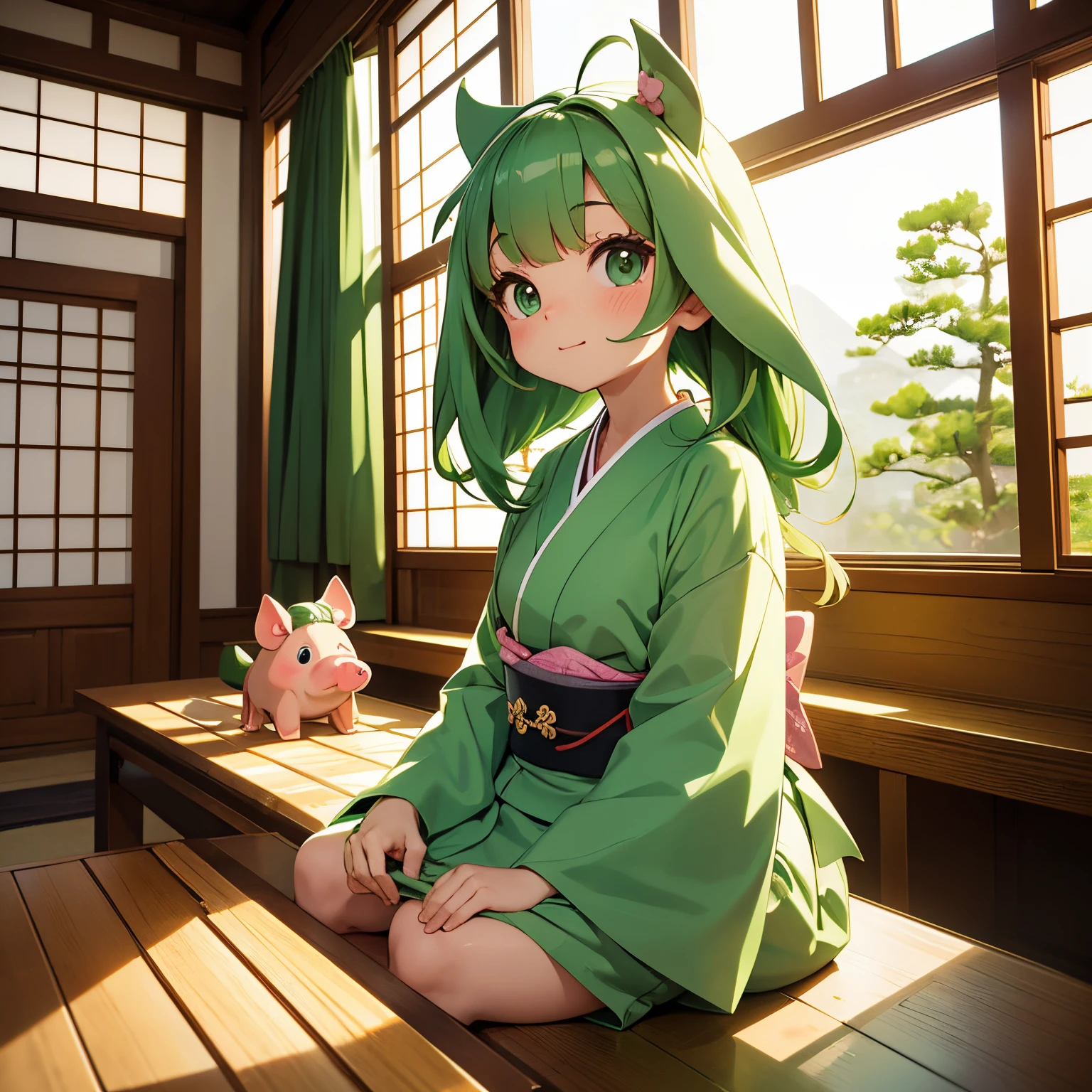A cute cartoon-style anthropomorphic pig, sitting in a green kimono, (spoken buhi:1.5), Japanese-style room window
