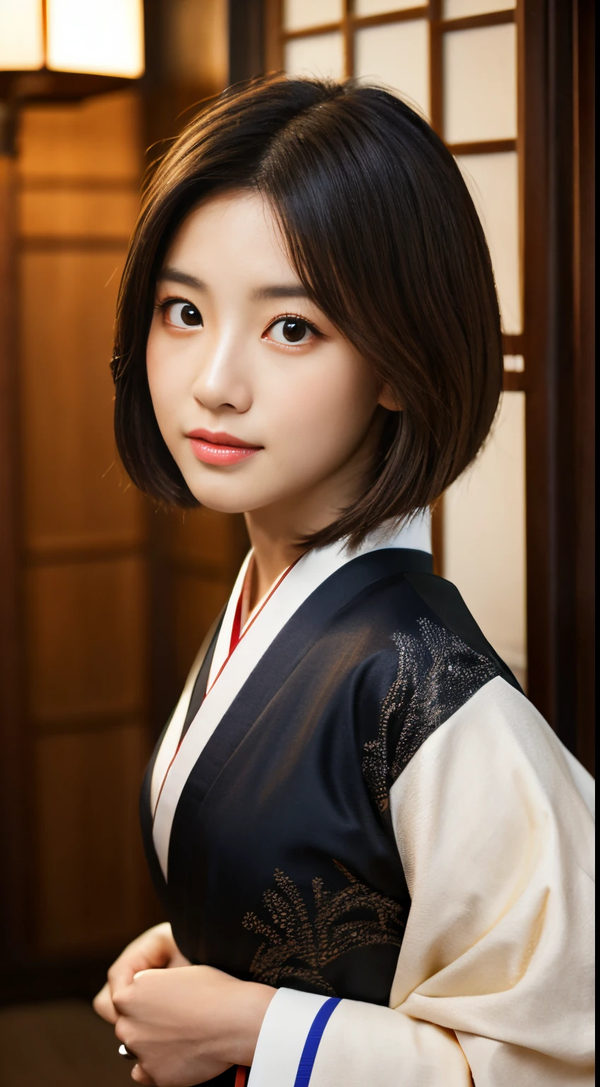 Best-quality, Masterpiece, Ultra-High-Resolution, (Photorealistic:1.4), Raw-Photo, Extremely-Details, Perfect-Anatomy, 1girl, 18-years-old, the most famous Japanese actress, cowboy-shot, upturned hip, looking at viewer, in Japanese-style room, wearing luxurious KIMONO, detailed extremely cute face like a most popular Japanese actress, detailed extremely beautiful big black solid circle eyes, detailed extremely beautiful black short-cut-haired, detailed luxurious KIMONO, detailed Japanese-style room, detailed extremely beautiful realistic skins