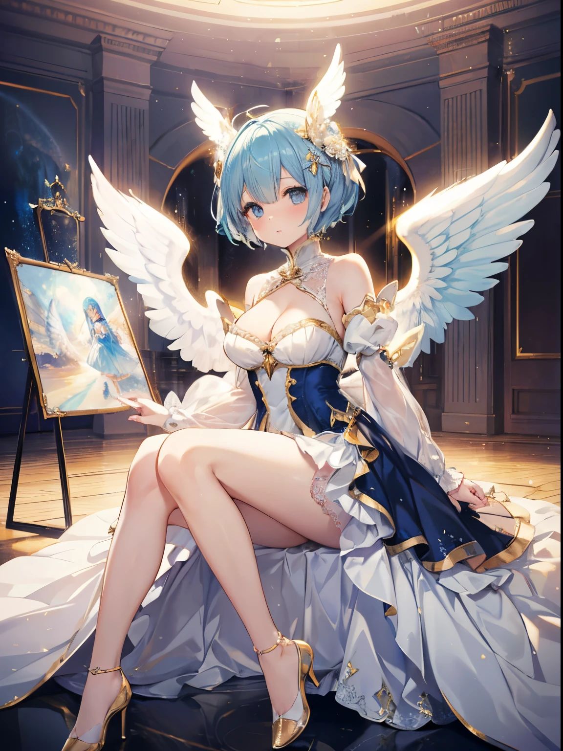 Ultra-realistic photo of a girl in a majestic white and golden ball gown dress, Big beautiful dress, Complex puffy ball gown with lots of frills and rhinestones (Best Quality, masutepiece, ((Angel wings:1.2))。 art stations, Fantasy Art:1.2), Palace rooms, Beautiful cute girl, Rem of Rezero、(Blue shorthair:1.3), Bangs hide one eye、(Complex short gold skirt, Bare legs:1.2, thighs thighs thighs thighs、very Bigger breasts、cleavage of the breast、Full body shot)