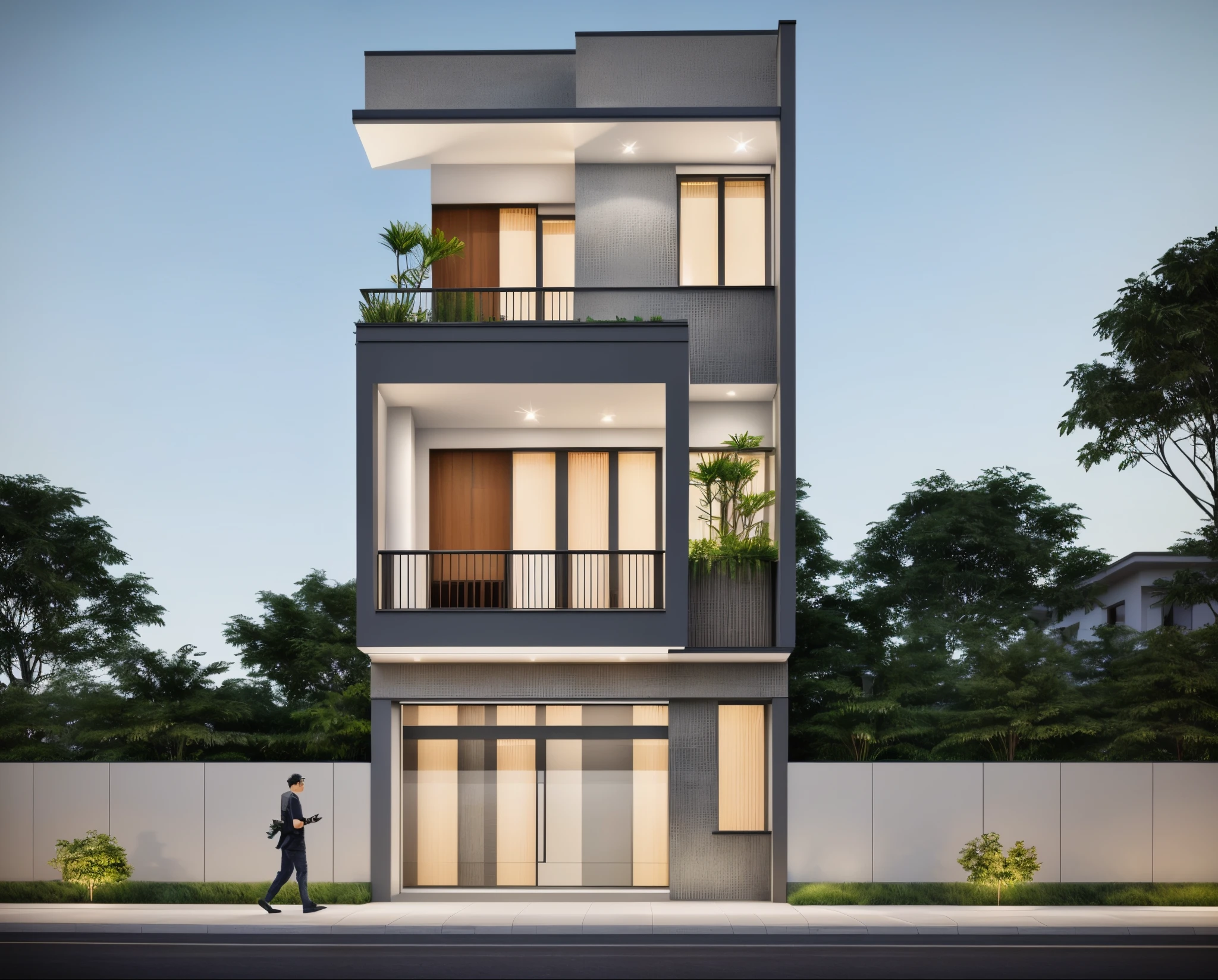 rendering of a modern residential townhouse, professional render, wide angle exterior 2023, highly detailed render, high quality rendering, realistic render, architectural render, high-quality render, detailed rendering, hyper-realistic render, hyper - realistic render, very realistic 3 d render, high render, realistic rendering, very realistic render