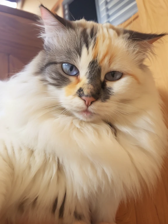 there is a cat that is sitting on the floor looking at the camera, cara fofa, Calico cat, rabugenta bonita, gato ragdoll, gato bonito, she's facing the camera, gato fofo, calico, com pelo azul e olhos azuis, ela tem um rosto bonito, the cat is fluffy, screaming at the camera, looks directly at camera