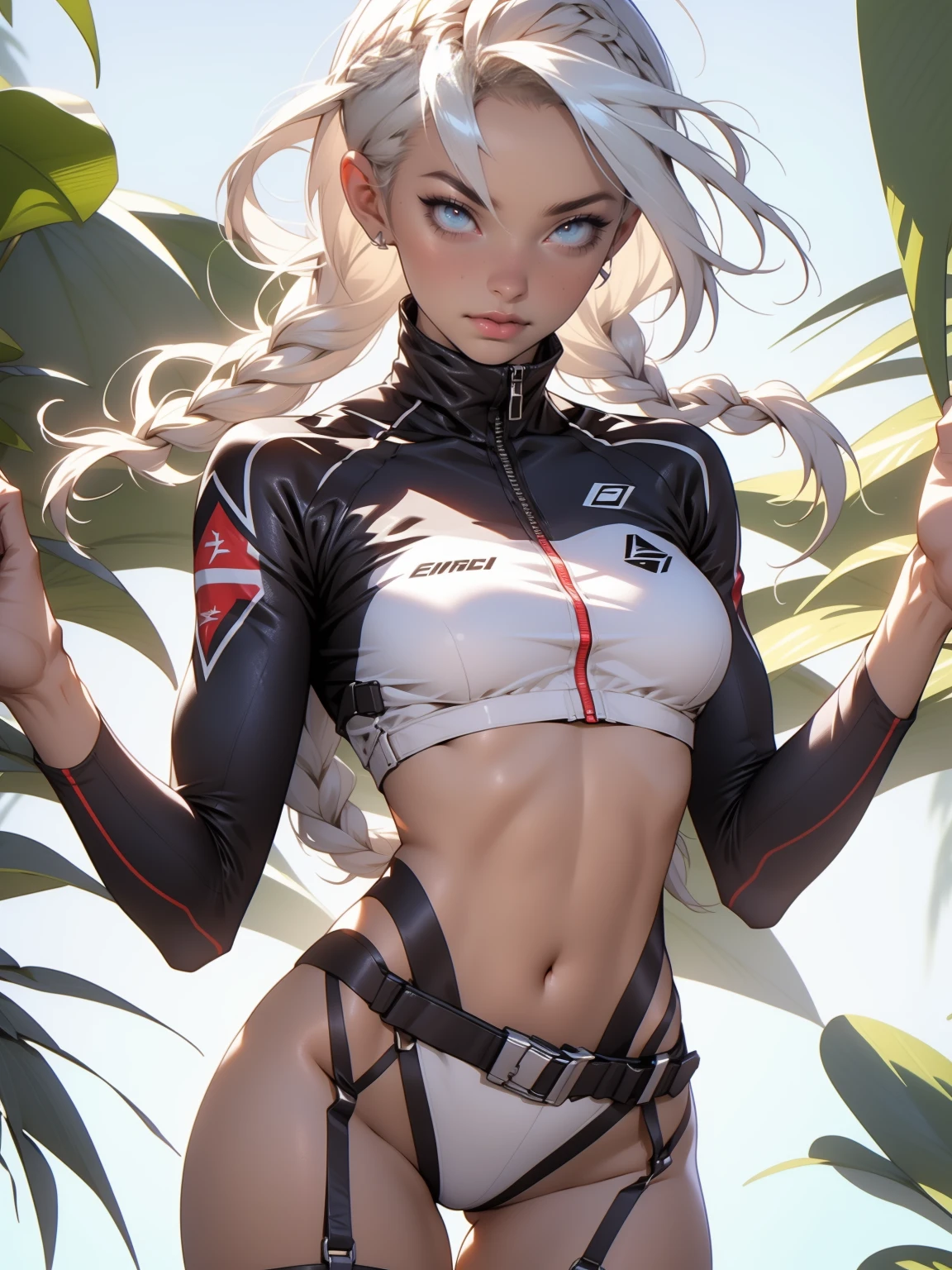 ((Best quality)), ((masterpiece)), (detailed: 1.4), (Absurd), War-ready female fighter pilot with military bikini, Marine, dark skin, defined sculpted body, full body, bare thighs, closed mouth, cyberpunk, semi naked, generous neckline, ((perfect medium breasts)), (super light blue eyes without pupils), (((military camouflage bikini)), (((white hair with braid)))), long eyelashes heavy makeup, garter belt, by mucha, niji --V5, close to real, psychopathic, perfect face, sexy pose, background with a giant head, 2 piece clothing, pastel, centered, scale to fit the dimensions, HDR (High Dynamic Range),Ray Tracing, NVIDIA RTX,Super-Resolution,Unreal 5,Subsurface Dispersion, PBR Texture, exposed belly, Post-processing, Anisotropic filtering, Depth of field, Maximum clarity and sharpness, Multilayer textures, Albedo and specular maps, Surface shading, Accurate simulation of light-material interaction, Perfect proportions, thigh gap, Octane Render, Two-tone lighting, Wide aperture, Low ISO, White balance, Rule of thirds, 8K RAW, bright crysisnanosuit bikini, thigh gap, nice hips, bikini panties, perfect legs, synthwave bikinis, bare elbows
