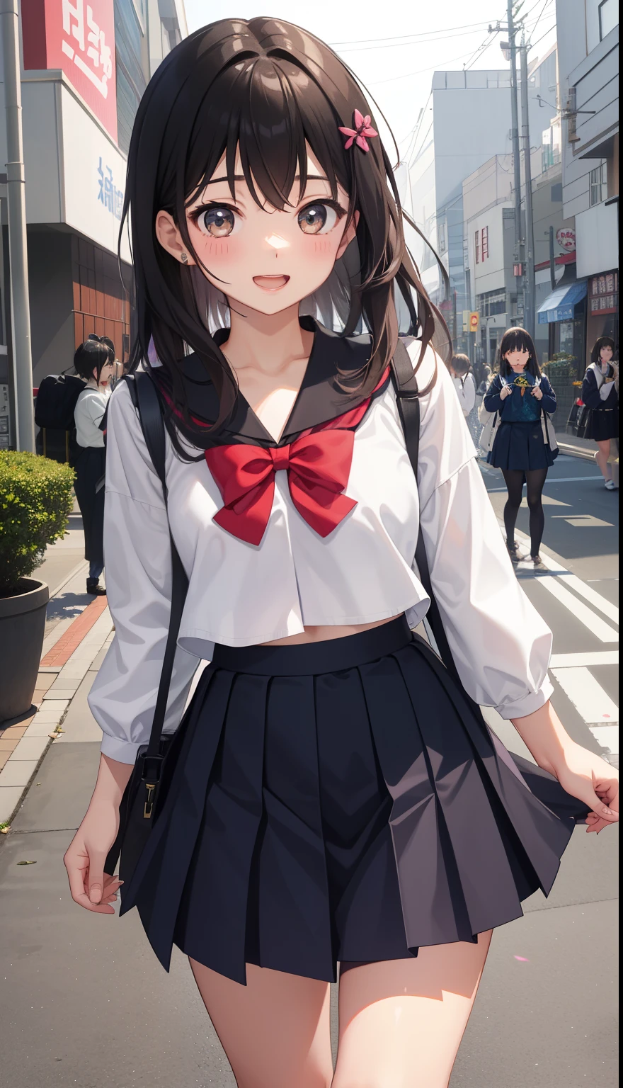 1girl in、AS-Adult、A smile、open open mouth、、be shy、The shirt、skirt by the、（small tits）Japan High School、校服、serafuku、Walking with a thigh、Upper body portrait、