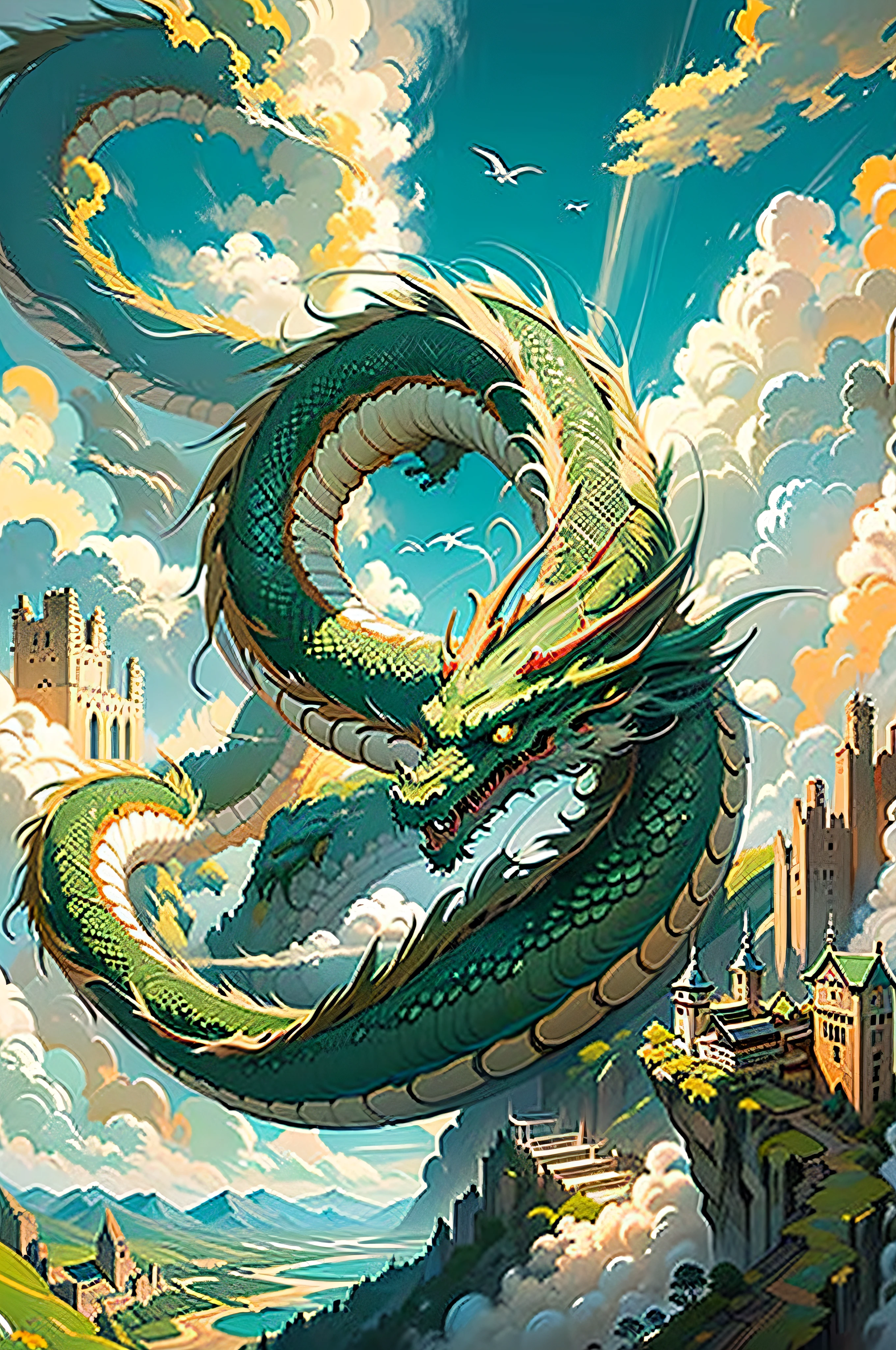 1dragon, flying through the air, (long dragon), (oriental dragon), fantasy art, green dragon, giant dragon, portrait, above a medieval town, seen from a cliff, clouds around