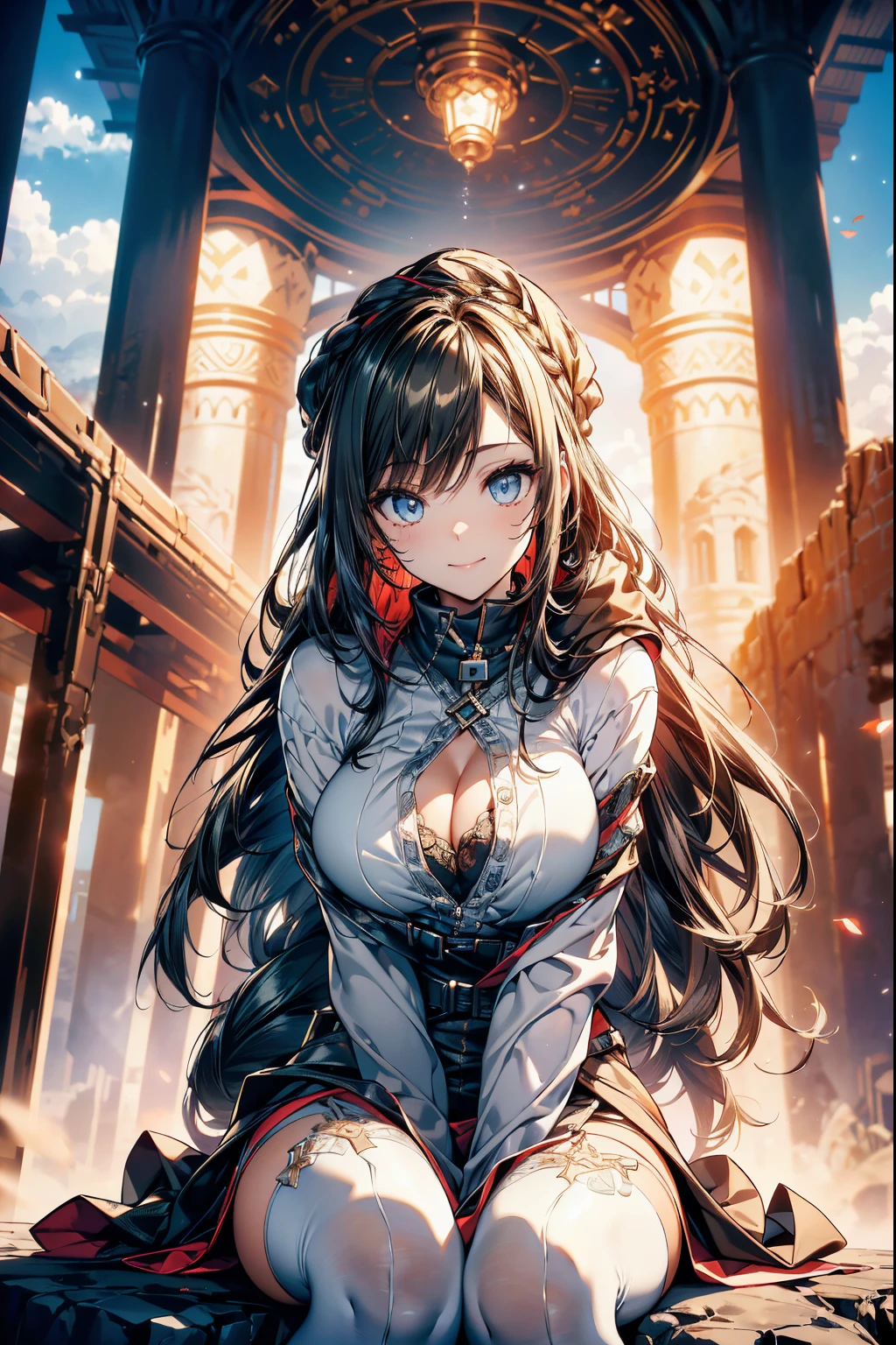 a matured woman with long black hair and a white outfit, (at a rock place in a desert:1.5), (resting in Stone circles under starly sky:1.2, holding large harp:1.3, sitting Indian-styles:1.1, with spreading legs:1.5, opening legs:1.2, with cross-legged:1.3, with lifting arms, in front of Arabic ruins:1.2), Arabic, (Post apocalyptic:0.2), from arknights, artwork in the style of guweiz, bodyesbian, fine details. girls frontline, beautiful anime illustration, from girls frontline, by Yang J, stunning, 26 years old, (milf:1.3), (solo:1.5), (sfw:1.25), sagging breast, fuge breasts, big tits, thin waist, big ass:1.2, Raised sexy, (dark mahogany medium short hair, updo, hair over one eye, asymmetric hair, Carly hair, low tied braids),(musulman, white Headscarfs, hair bands, head vandage, Turban), (ultra high resolution, 8K RAW photo, photo realistics, thin outline:1.3, clear focus), best qualtiy, natural lighting, textile shading, blurry back ground, field depth, bokeh, (Bright pupils, fine detailed beautiful eyes with highlight:1.3, high detailed face), Red lip, fine realistic skins:1.1, looking down viewers:1.3, (dynamic angle:1.2, front view:1.2, breast focus:1.3, from below:1.2), dynamic posing, (sexy posing:1.2, leaning forward), (seductive smiling:1.3), centered image, (wearing white long jacket and clothes, wearing white robes:1.3, ((bare breast:1.37)), platinum ornaments, rolling white clothes around waist, camel-brown long leather boots:1.3, translucent lace pantyhose), ((correct anatomy:1.5)), ((outdoor:1.2, in a night:1.3)),