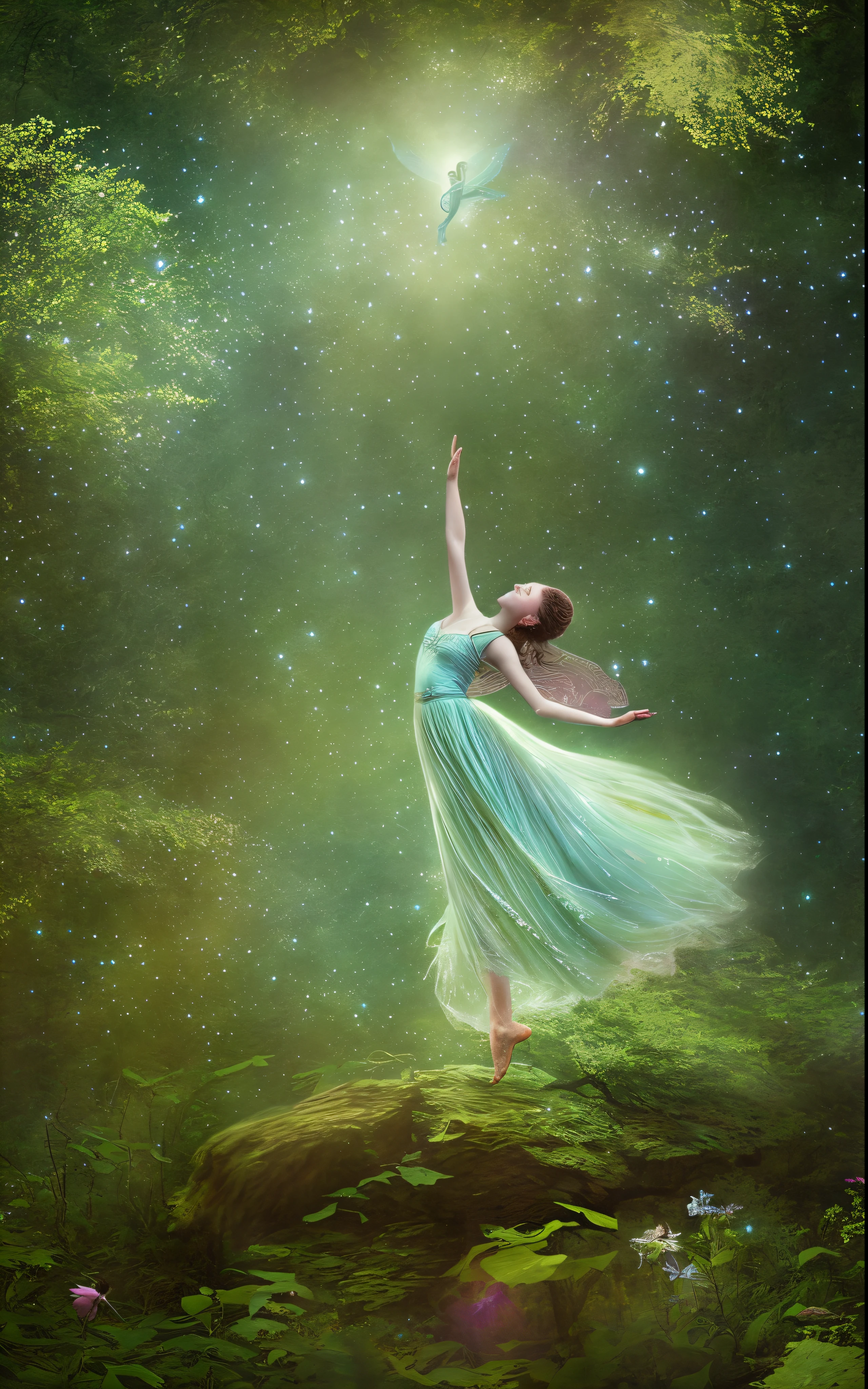 Dance in the woods, Faeries' Moonlight Dance, Fairies dance, Amazing young ethereal figure, magical fairy floating in space, Dramatic magic floating pose, inspired by Edward Robert Hughes, Stunning fairy 3d render, dancing gracefully, inspired by Dorothea Tanning, ethereal essence, advertising photograph