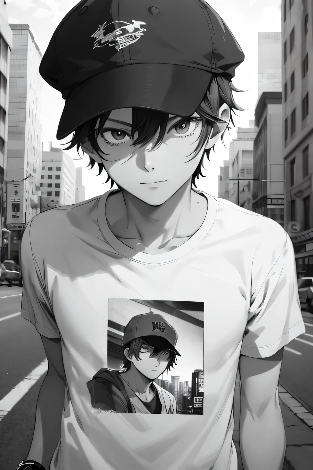 anime guy 18 years old in a T-shirt and stylish cap, in the city, 4k, The face is detailed, 4k, good anatomy, Black & White Color, monochrome color