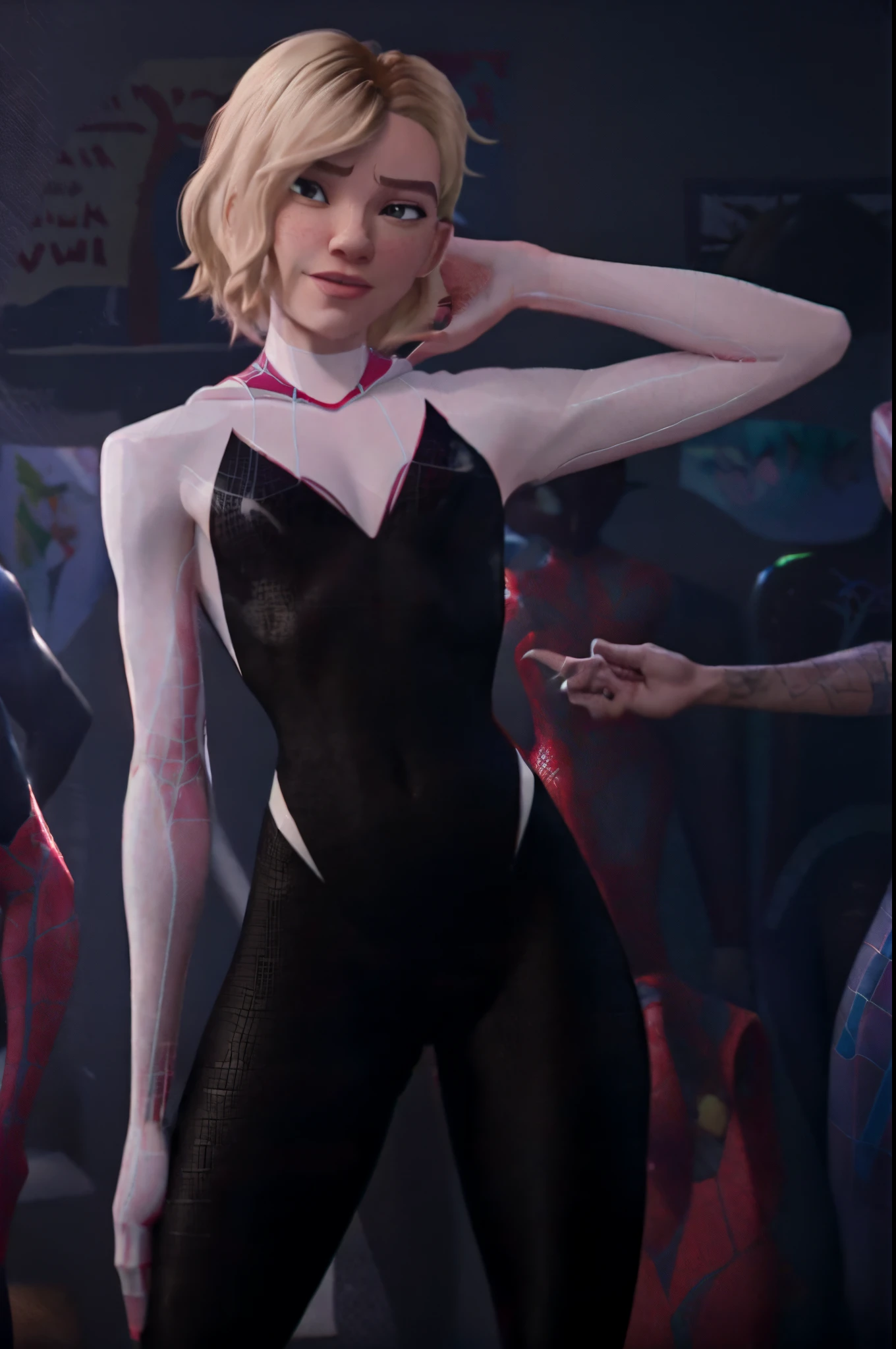 sgwen, spider-gwen, gwen stacy is gangraped group sex 1girl multiple boys explicit sexual scenes into the spiderverse rendering style, it looks like a scene from the movie, spider-verse movie animated style, exposed  pussy tight sweaty