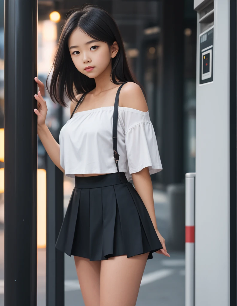 young school girl standing next to a phone booth on a city street at night,(Night time) black mini skirt, white tube top, Overcast natural light for even tones Rule of Thirds, urban background f/5.6, 1/125s, ISO 400 Casual and approachable poses Varied angles for a dynamic series Medium focal length for a balanced look Subtle retouching for a natural finish Casual streetwear with a pop of color