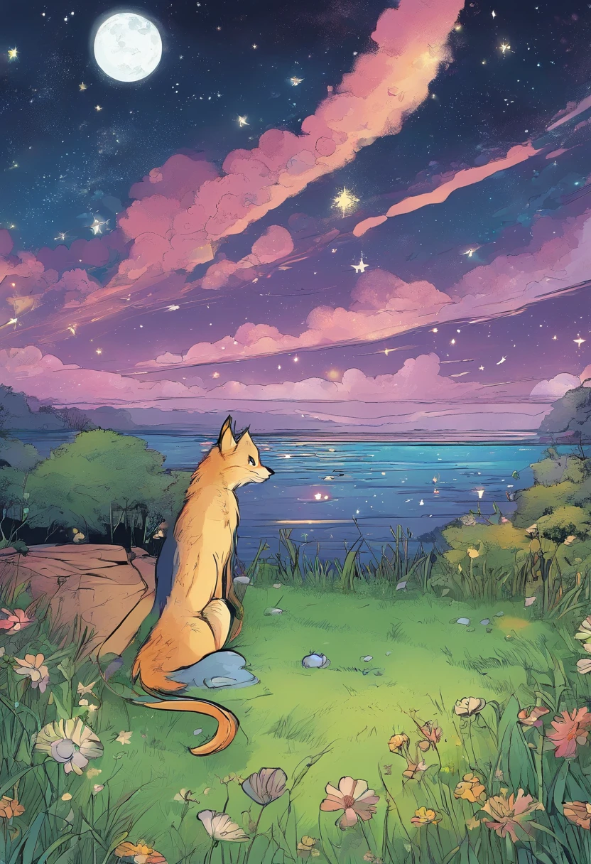 On the grass at night,The starry sky twinkles,