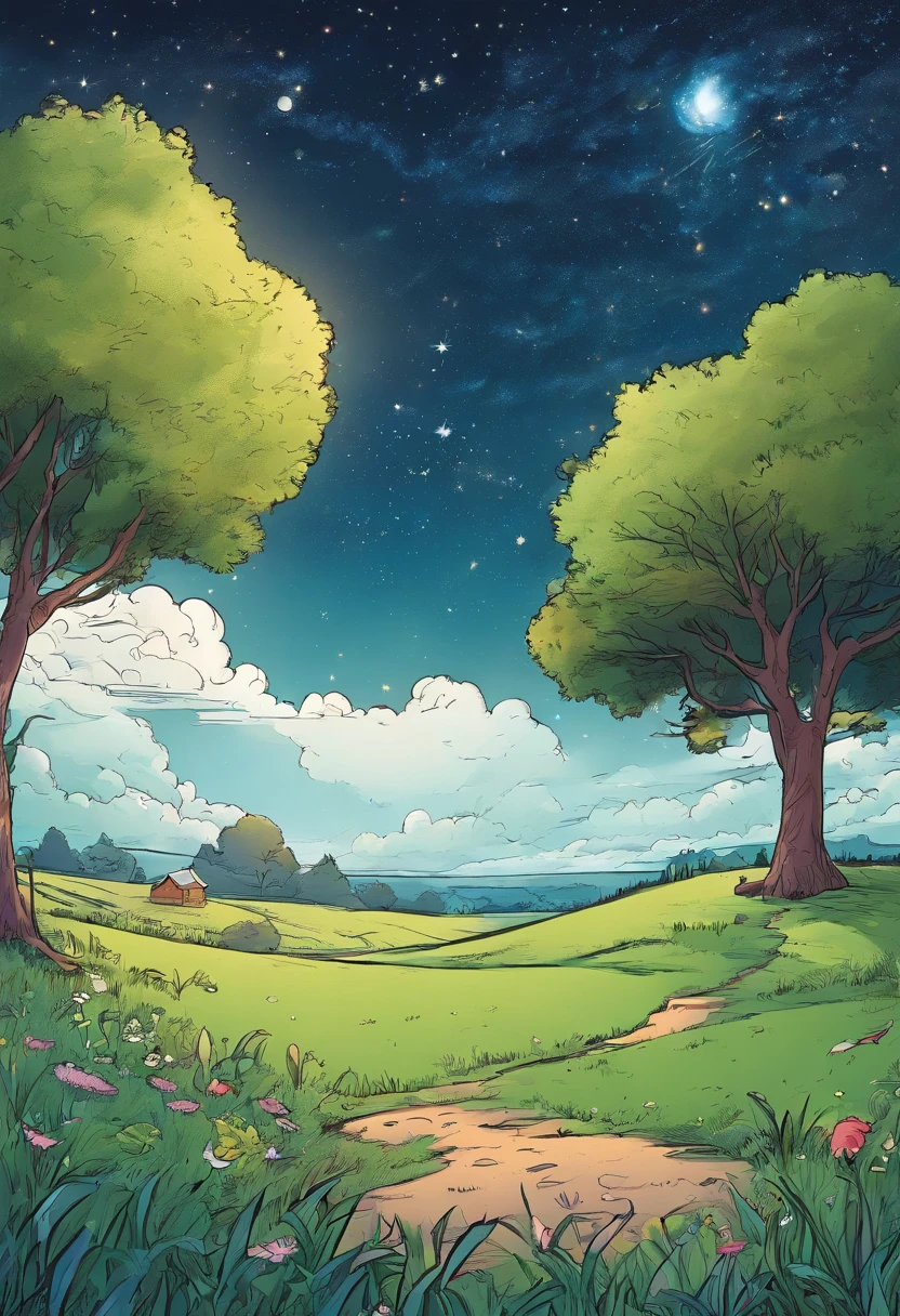 On the grass at night,The starry sky twinkles,