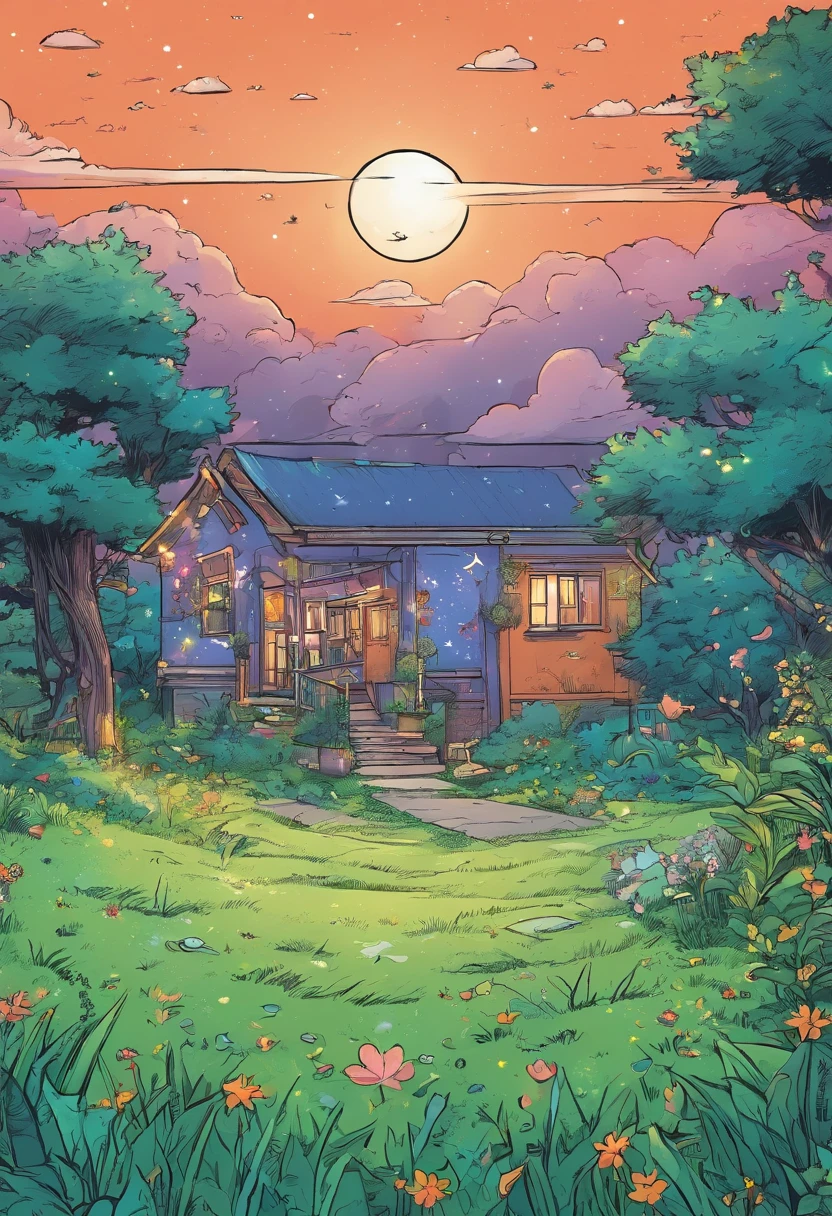 On the grass at night,The starry sky twinkles,