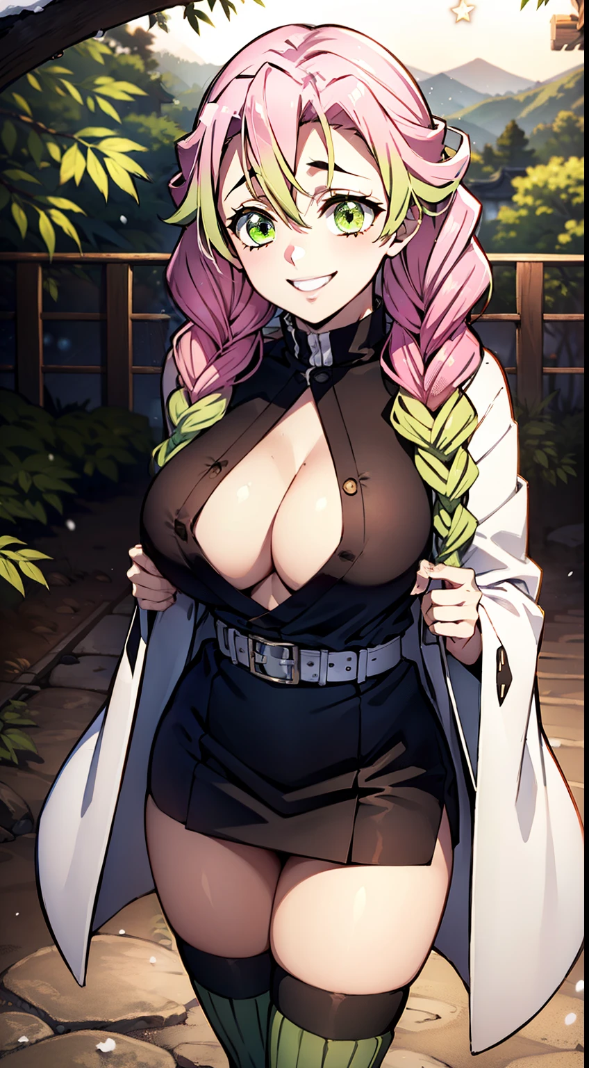 long pink hair, pink hair turns green towards the ends, A dazzling smile, Mitsuri Kanroji from Demon Slayer, big breastes, White Haori, White Japanese cloak, Upskirt, green stockings, black undershirt, The top buttons of the shirt are unbuttoned, beautiful green eyes, in the woods, beste-Qualit, supreme, 1девочкаl, In the bamboo forest，Sunny day, winter, snowing, Japanese Village, Hot springs, Looking at the starry sky, Close your mouth, Night with countless stars, The ideal body of the Milky Way, The Perfect Girl, perfect details, Ultra HD |, 8K, Professional photo, Demon Slayer in anime style,