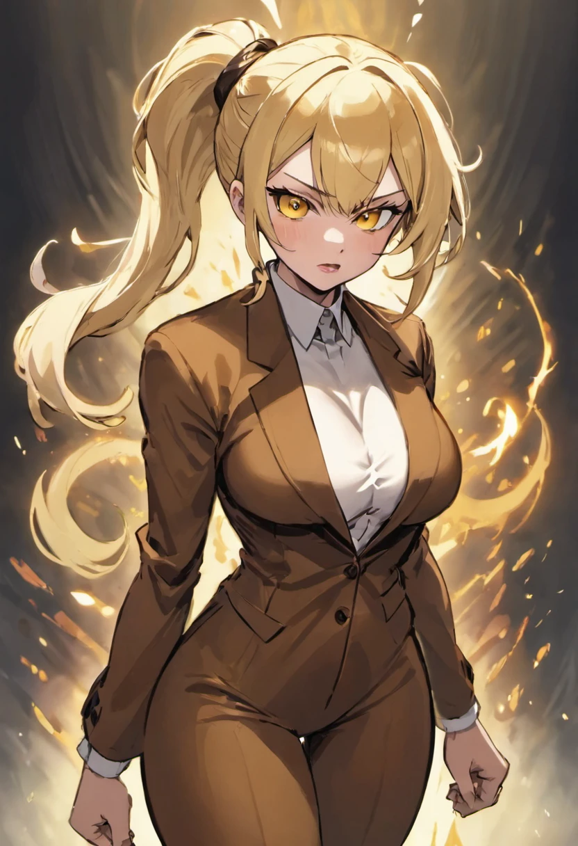 blonde hair, golden eyes, brown suit, pant suits, large breasts, expressionless, topknot