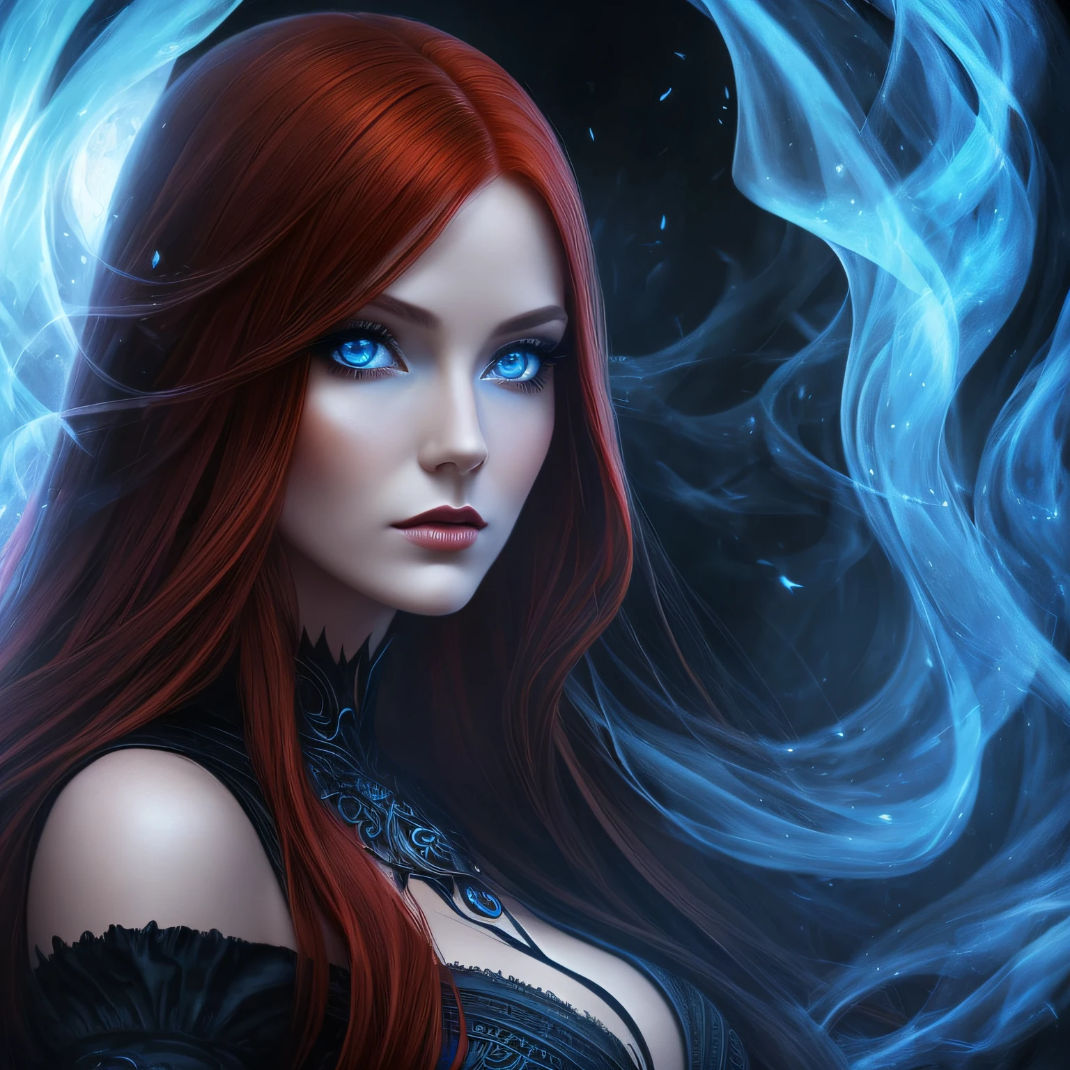 1girl, (witchcore, witchcraft, pagan, mystical, nature, occult), close up, beautiful, sophisticated 30-year-old redhead enchantress, hourglass figure, small breasts, silky black dress (bare shoulders), symmetrical, highly detailed face, long flowing hair, mesmerizing blue eyes, lush red lips, enticing, alluring, facing viewer, looking at viewer, Artgerm, blue smoke swirls around her, real, high detail, best quality