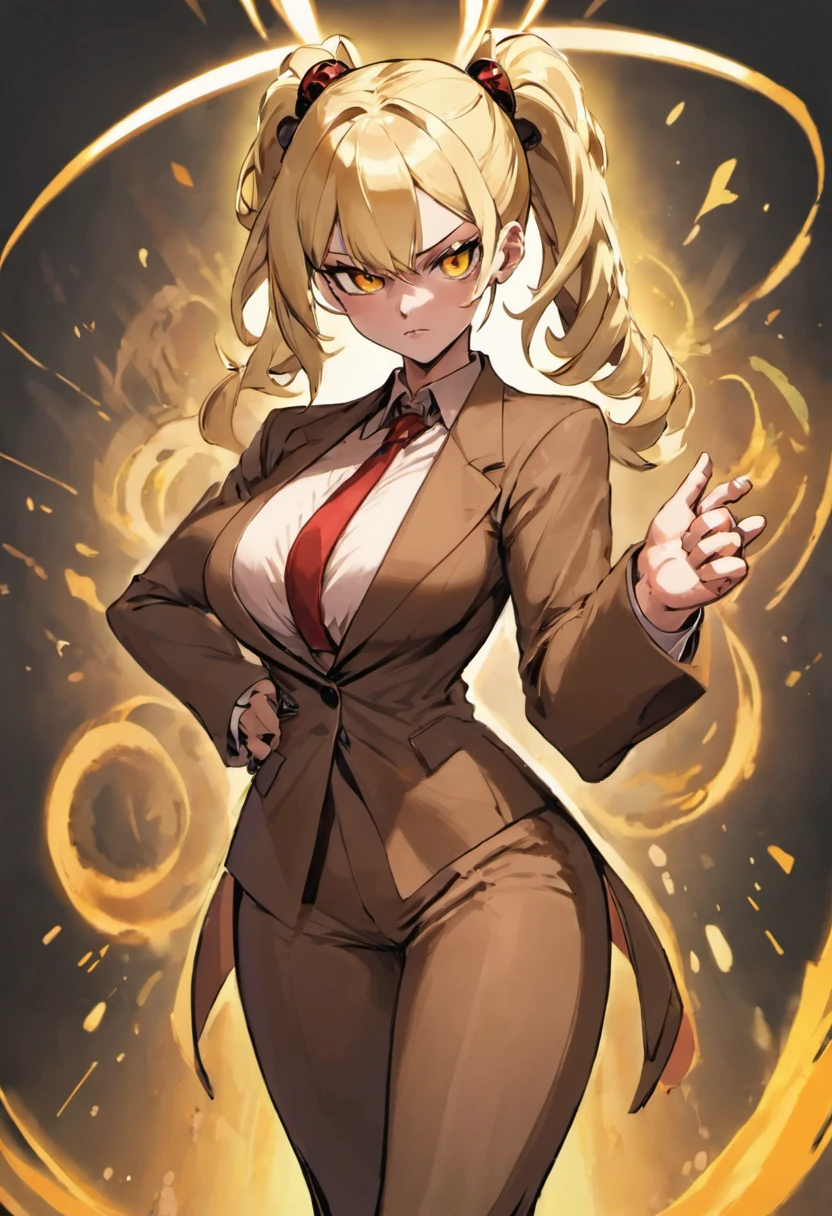 blonde hair, golden eyes, brown suit, pant suits, large breasts, expressionless, topknot, crossed arms