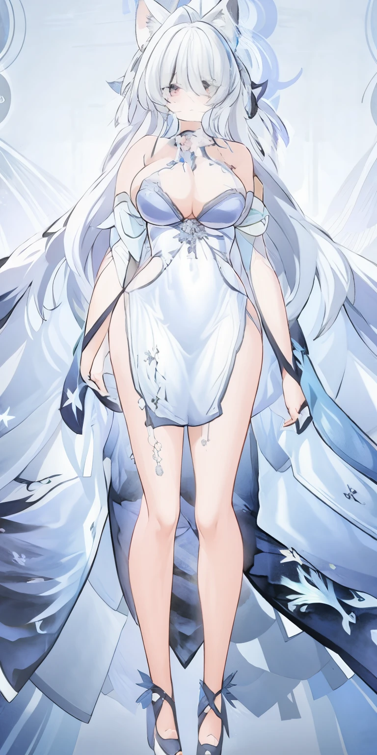 One in a white dress、Anime character of woman with cat ears, Cute anime waifu wearing nice clothes, White dress!! silber hair, azur lane style, Translucent liquid comes from《Azure route》videogame, **** in dress, 《Azure route》人物, from girls, clear outfit design, Anime full body illustration, white-haired god, Official character art