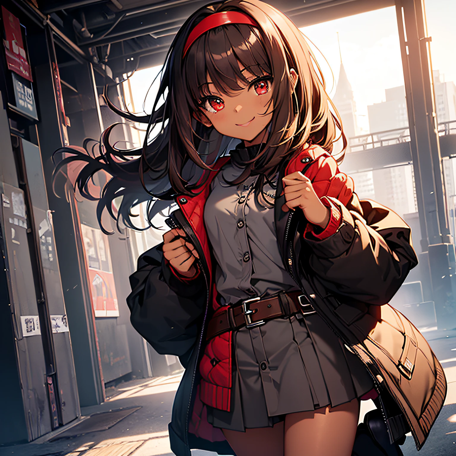 top-quality、extremely delicate and beautiful、(((Only 1 person)))、、（Brown skin）、(Dark hair)、Gray clothes with vertical buttons、Belt at waist、grey miniskirt、((poneyTail))、(red hairband)、(Brown boots)、Red-eyed、A smile、