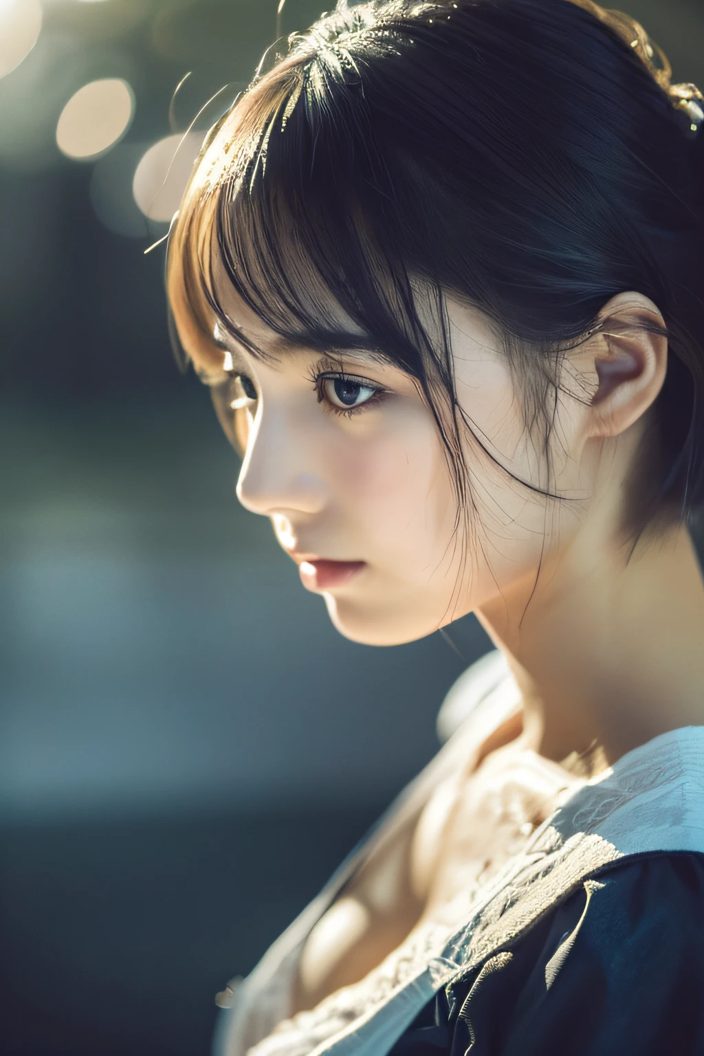 ((top quality, 8k, masterpiece: 1.3)), women (full body portrait, front, babydoll wearing, wet clothes, big breasts, cleavage), sunset, taking photo pose, camera,overhead camera, sharp focus: 1.2, cute women: 1.4, (((hairstyle random)), wet hair, very detailed face and skin and hair texture, detailed eyes, double eyelids, white skin, beautiful delicate nose, Cute young Japan woman, 28 years old, at a dynamic angle, is pleasing to the eye and suggestive composition, emphasizing the subject's hair, eyes, mouth and action, while exuding melancholy emotions characterized by a contrasting mix of muted tones and light and shadow,