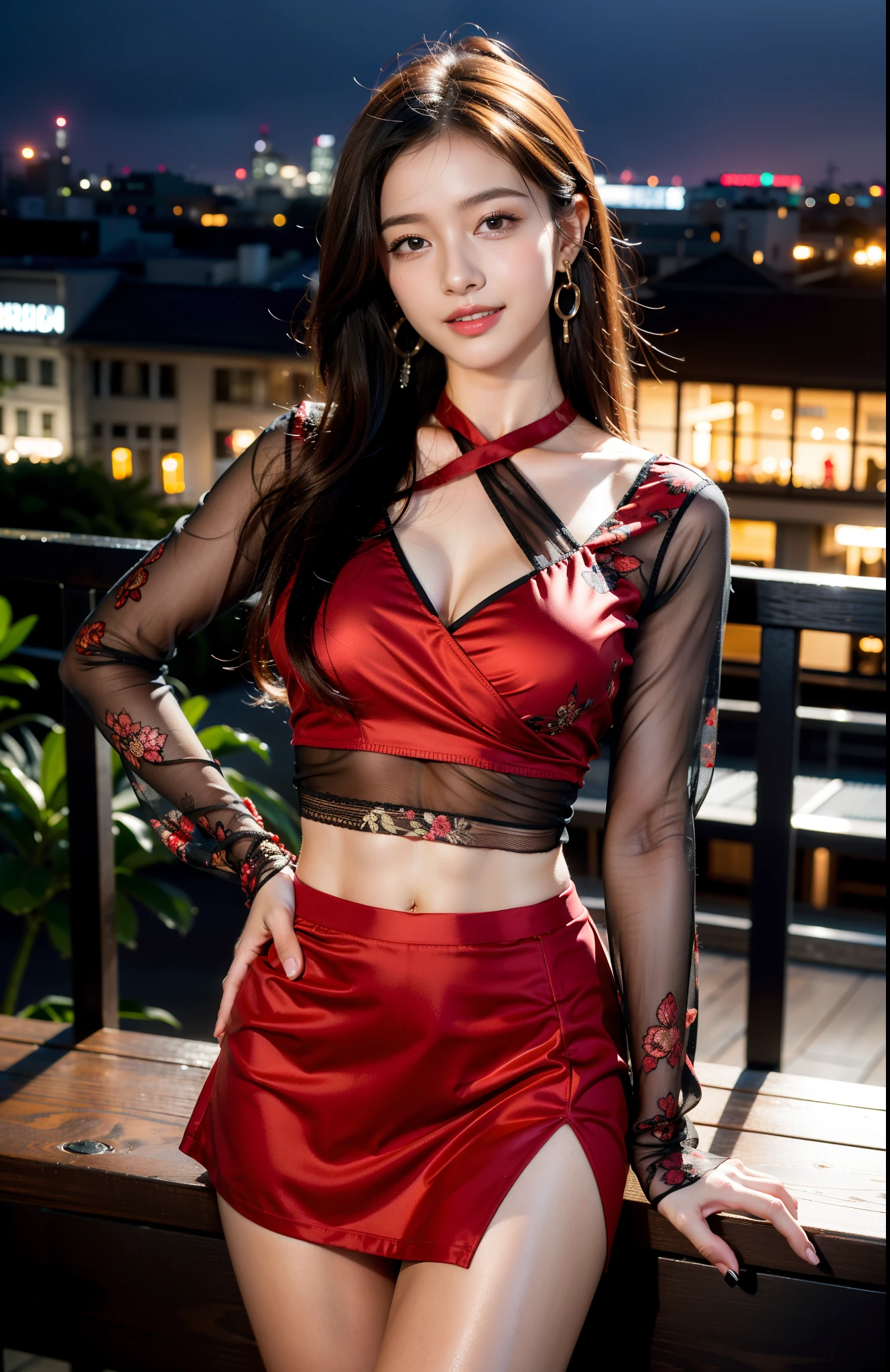 8k, masterpiece, RAW photo, best quality, photorealistic, extremely detailed CG unity 8k wallpaper, Depth of field, Cinematic Light, Lens Flare, Ray tracing, (extremely beautiful face, beautiful lips, beautiful eyes), intricate detail face, ((ultra detailed skin)) 1girl, in the dark, deep shadow, pretty Asian girl, idol, 1 girl, (very slim slender fit-muscled body:1.3), ((looking at viewer)),(big smile:1.3), (tight laced blouse), ((black red color blouse)), (laced short sleeve) , (city night, dark night, (blurred background), dim lights, cityscape, rooftops, veranda, sofa, big windows, beautiful earrings, bracelets, necklace, clear eyes, (pale skin), (big eyes), face forward, ((upper body shot)), ((silk red color skirt)),(brown hairs),((tight fitting skirt )), (looking at viewer:1.3), open breast, (very slim), medium breasts, (flooming laced blouse),  (open breasts))