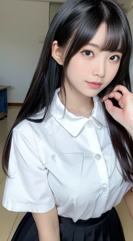 Girl sitting,Sad smile,give your right hand,Elementary school girl with long black hair