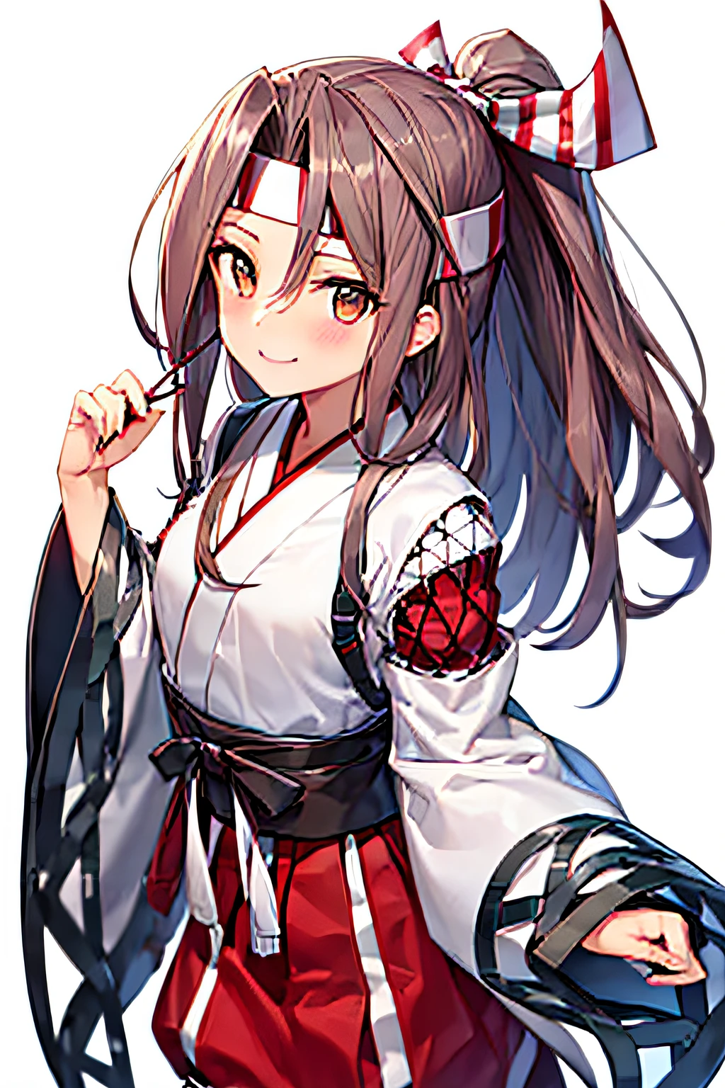 best quality, masterpiece, highres, solo, {zuihou_kantaicollection:1.15}, long_hair, brown_eyes, ponytail, brown_hair, headband, hachimaki, high_ponytail, smile, blush, 1girl, japanese_clothes, looking_at_viewer, hair_ribbon, ribbon, muneate