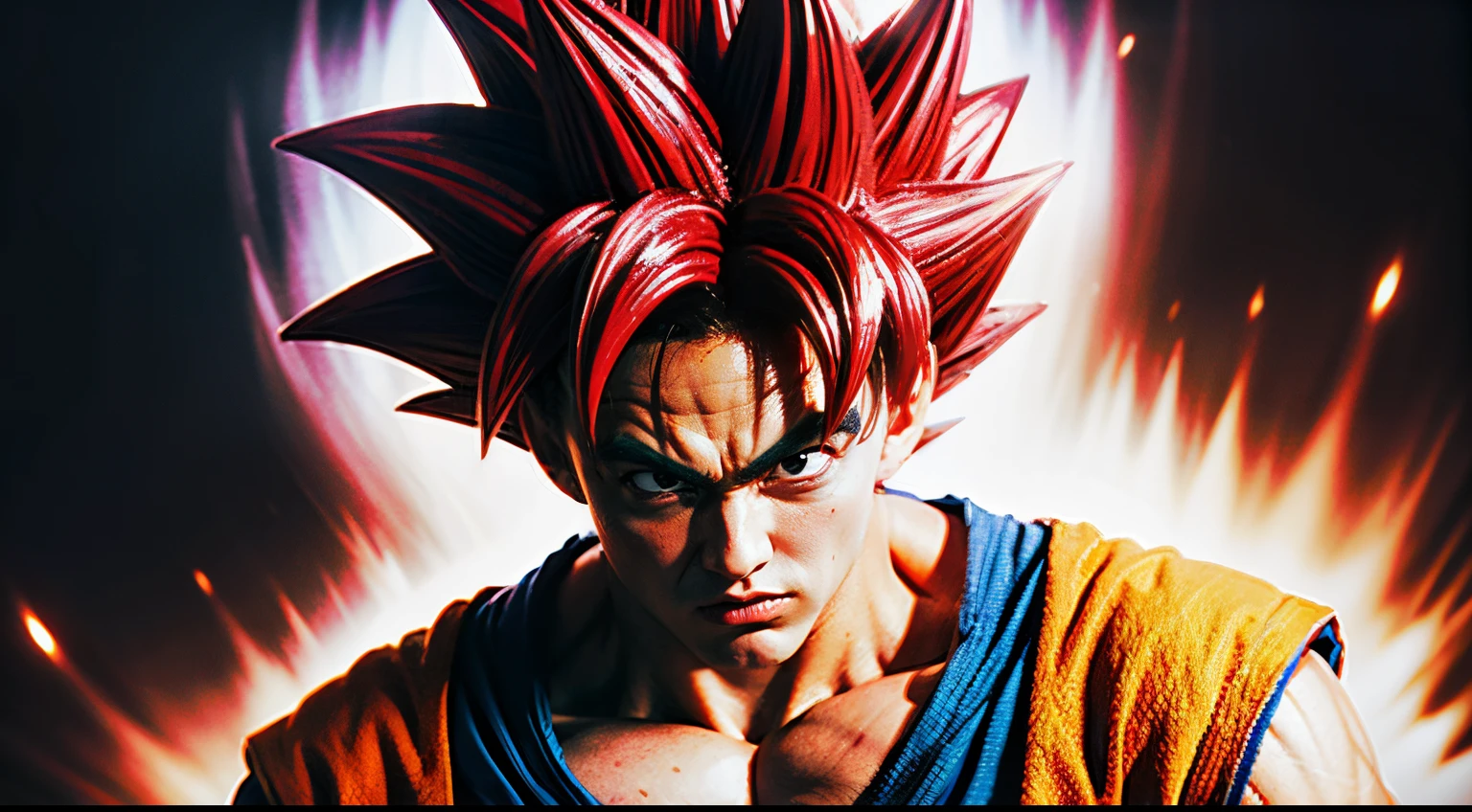 best quality, masterpiece, (realistic:1.2), son_goku, super_saiyan_red, action moving, fighting, red_hair, red_eyebrow, red_eyes, face, red_aura background, portrait, dragon ball