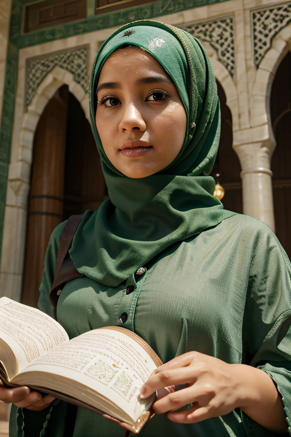 pixar muslimah with green hijab read quran in nabawi mosque