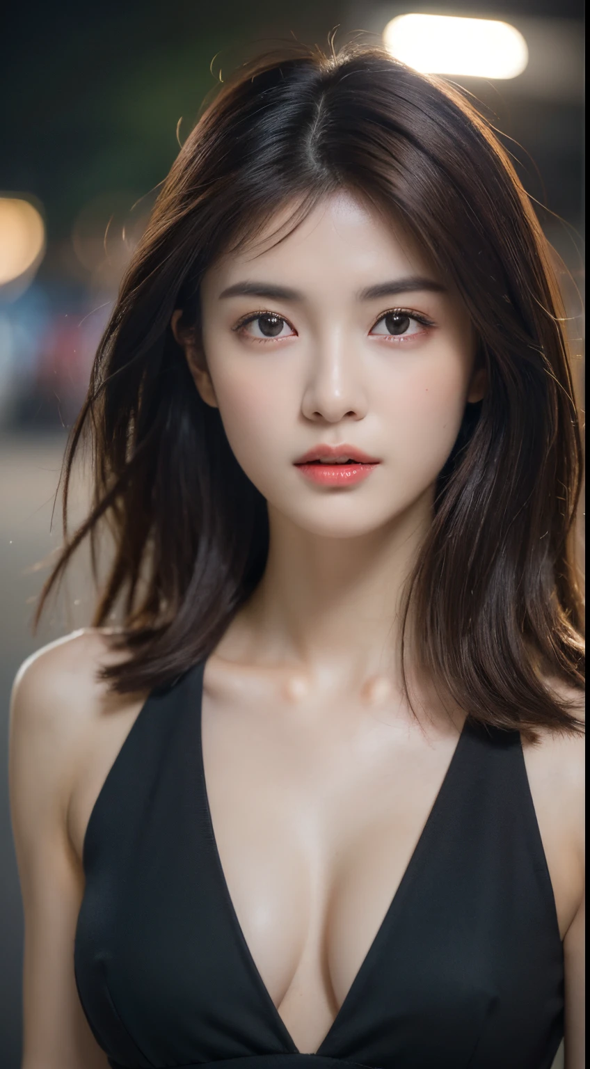 ((Realistic lighting, top quality, 8K, Masterpiece: 1.3)), Clear Focus: 1.2, 1 girl, Perfect Body Beauty: 1.4, Slim Abs: 1.1, ((Dark Brown Hair, Big: 1.3)), (Accelerate: 1.4), (Outdoor, Night: 1.1), Street, Ultra Slender Face, Fine Eyes, Double Eyelids, Exposed Cleavage, Incredibly Absurd, Messy Hair, Floating Hair,