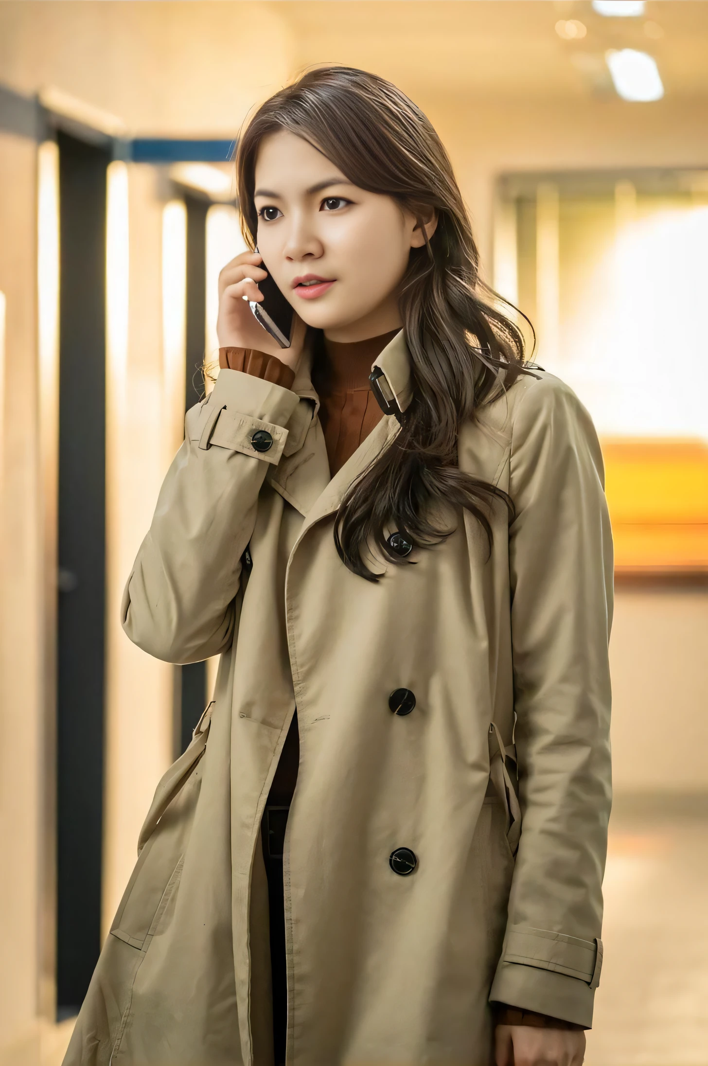 Araffe woman in a raincoat talking on a cell phone, bae suzy, female actress from korea, light brown raincoat, lee ji - eun, lee ji-eun, iu lee ji-eun as a super villain, cute korean actress, korean women's fashion model, kwak ji young, The trench coat has many pockets., Deep Groove Coat